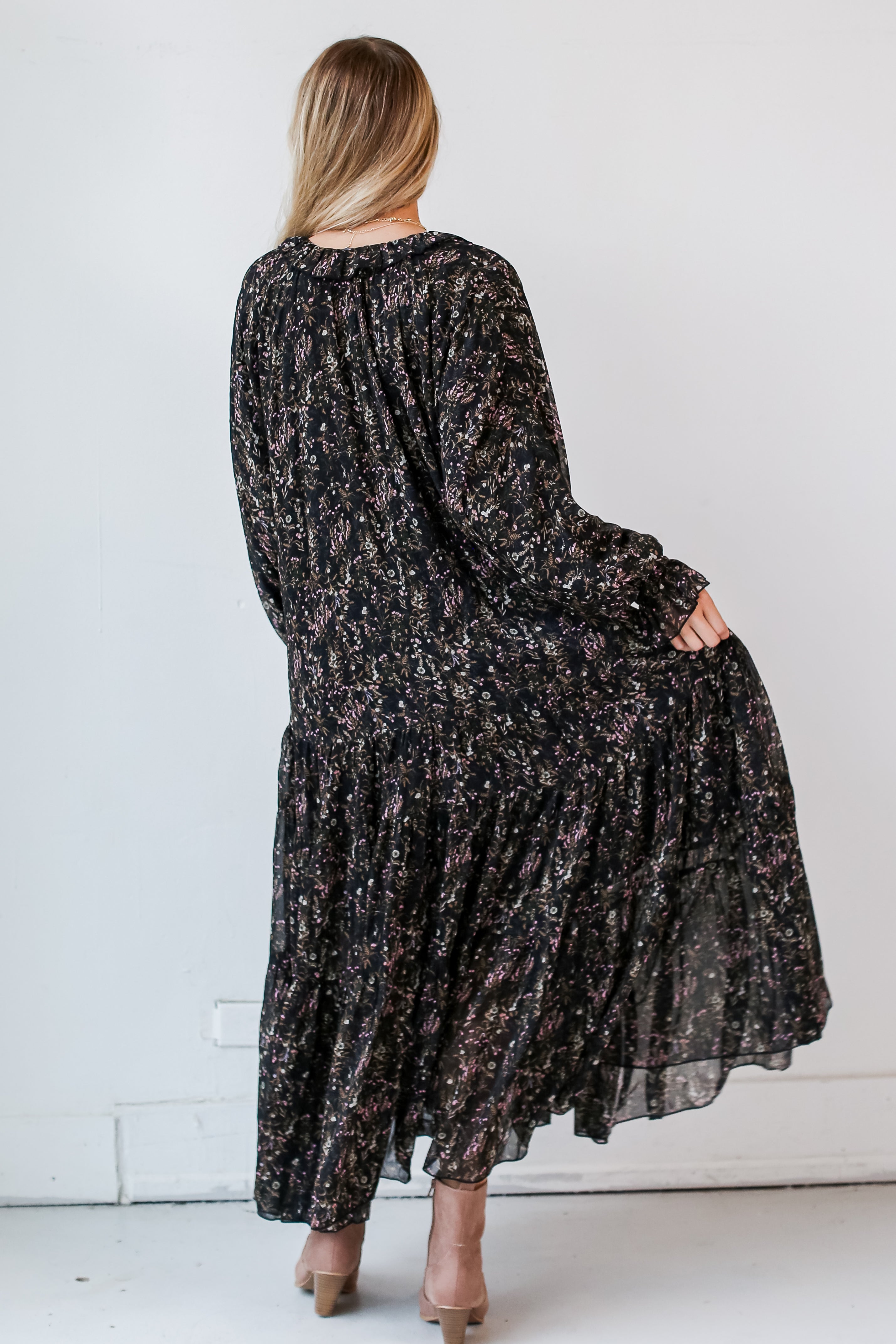 Black Floral Maxi Dress back view