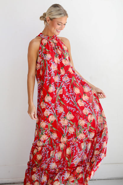 Happily Yours Red Floral Maxi Dress