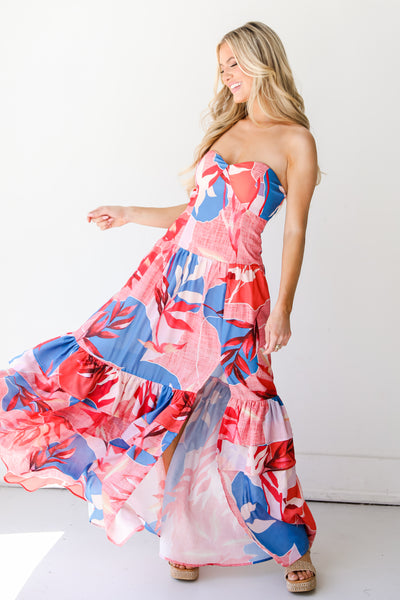 Tropical Strapless Maxi Dress front view