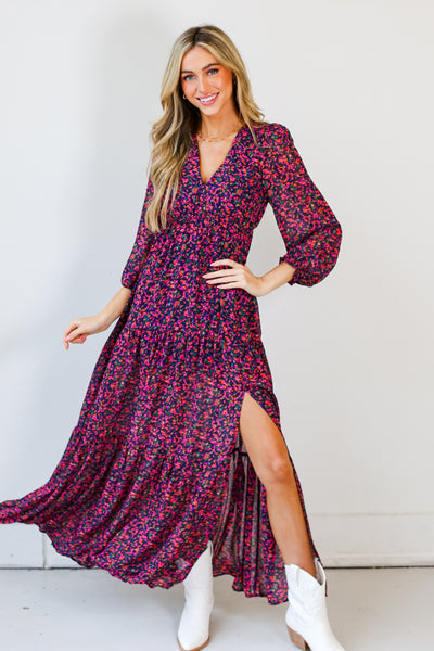 magenta Floral Maxi Dress on dress up model Online Dress Boutiques