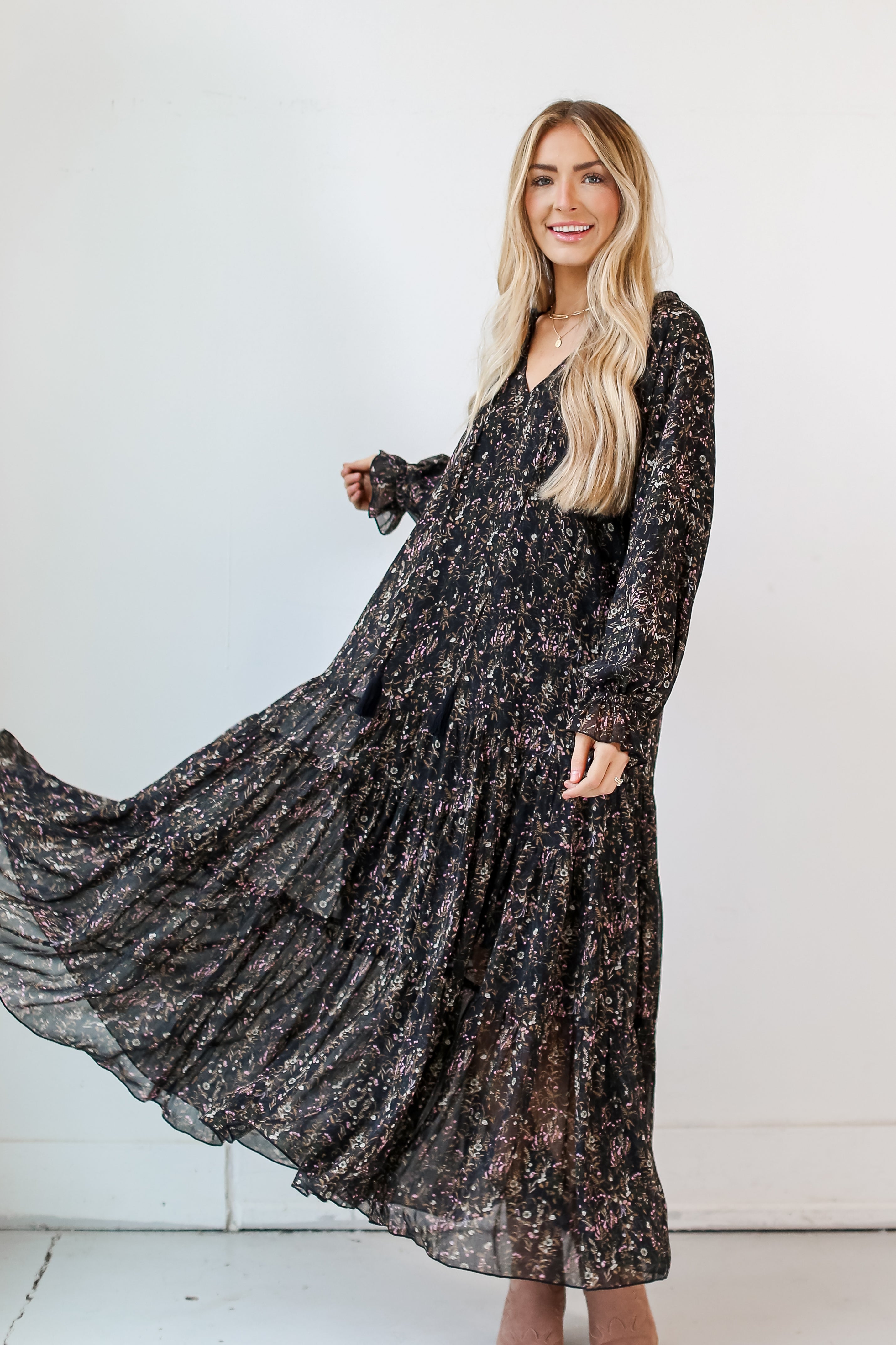Black Floral Maxi Dress front view