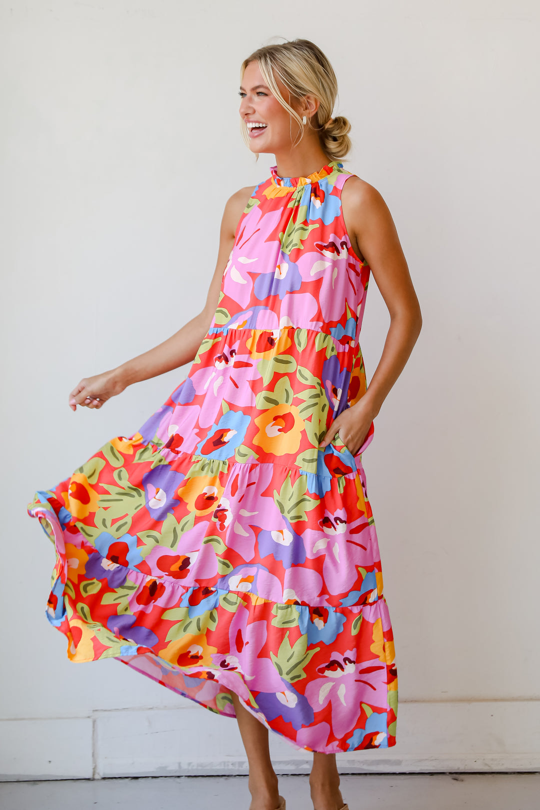 Truly Inspiring Pink Floral Tiered Maxi Dress