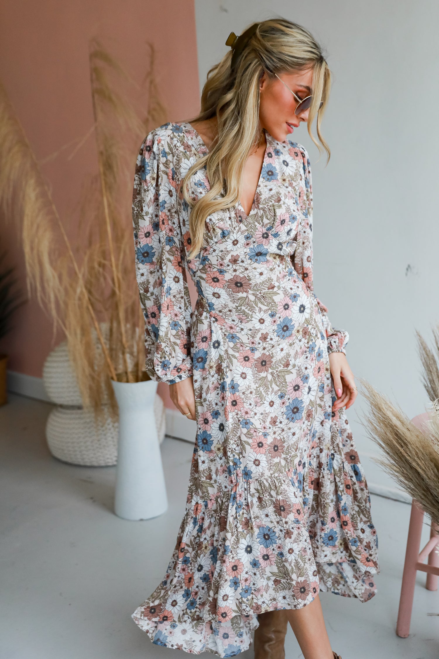 Floral Maxi Dress on model with booties