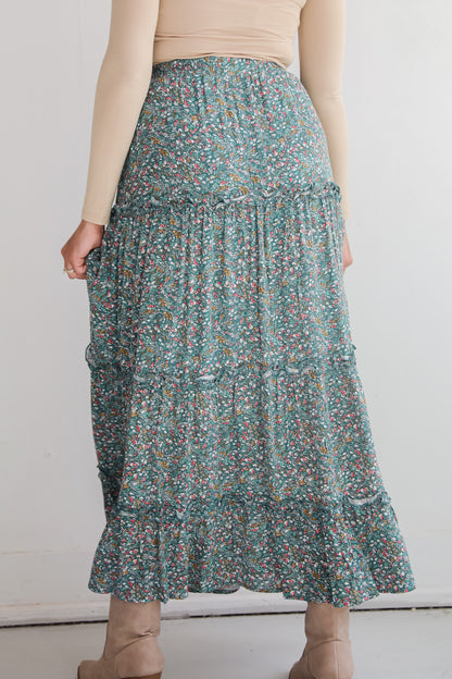 Feeling So Sweet Teal Floral Tiered Maxi Skirt