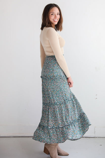 Feeling So Sweet Teal Floral Tiered Maxi Skirt