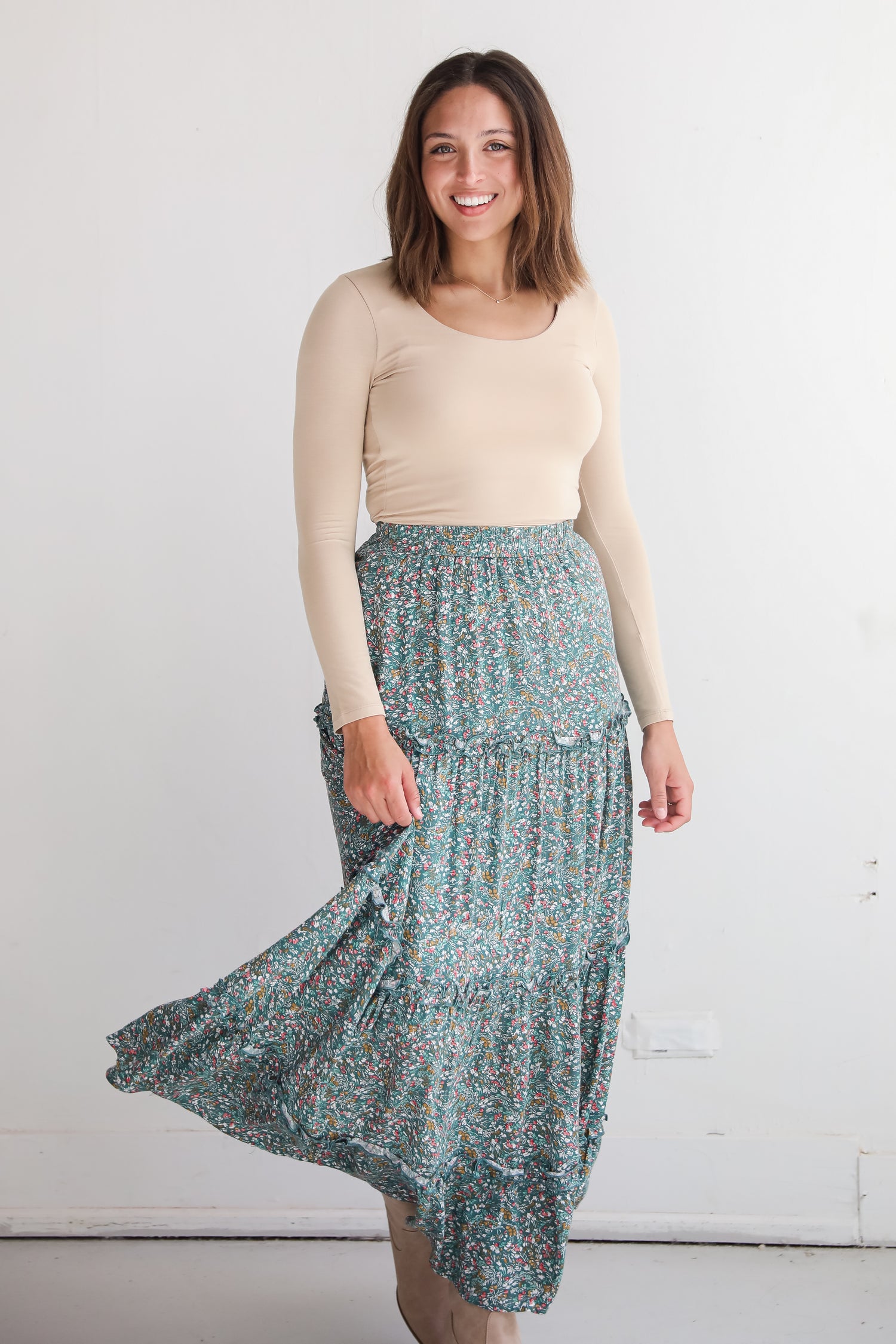 Feeling So Sweet Teal Floral Tiered Maxi Skirt