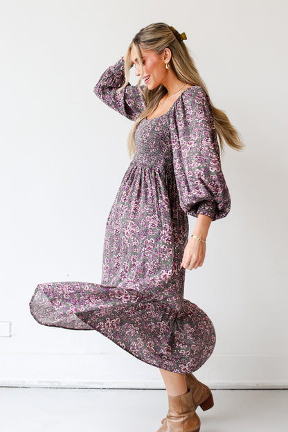 Floral Midi Dress on dress up model with brown booties