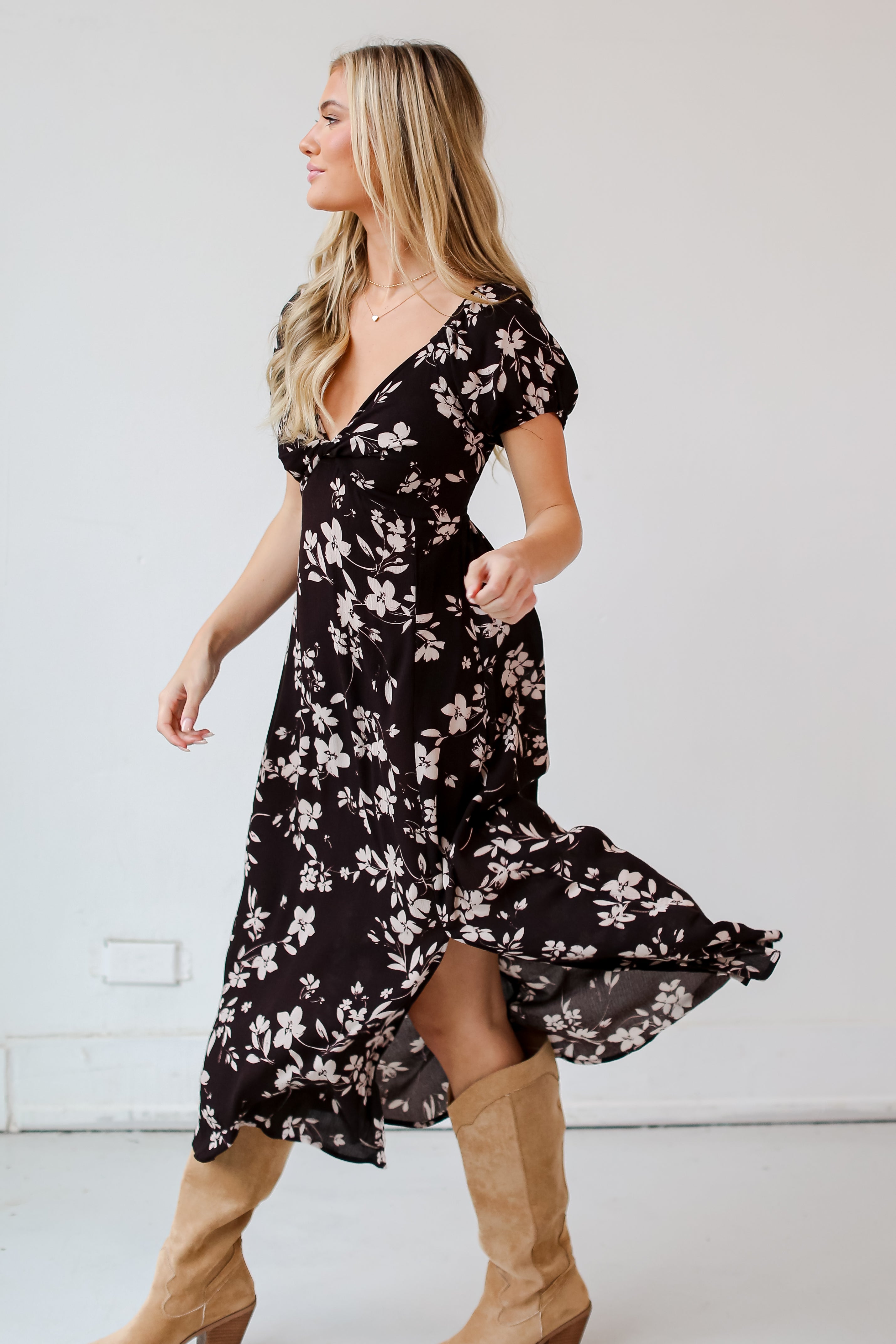 short sleeve Black Floral Midi Dress