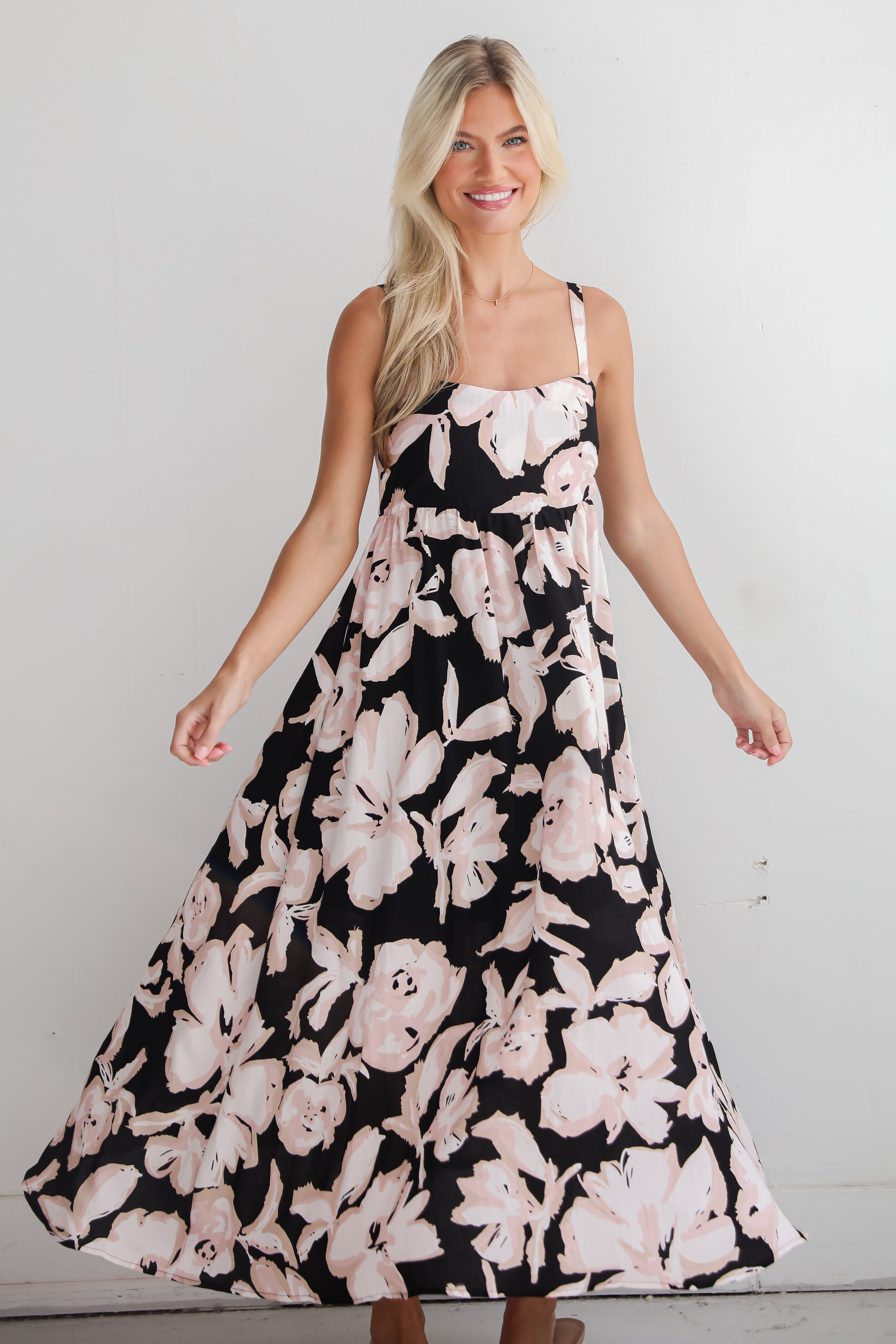 Convincingly Sweet Black Floral Midi Dress