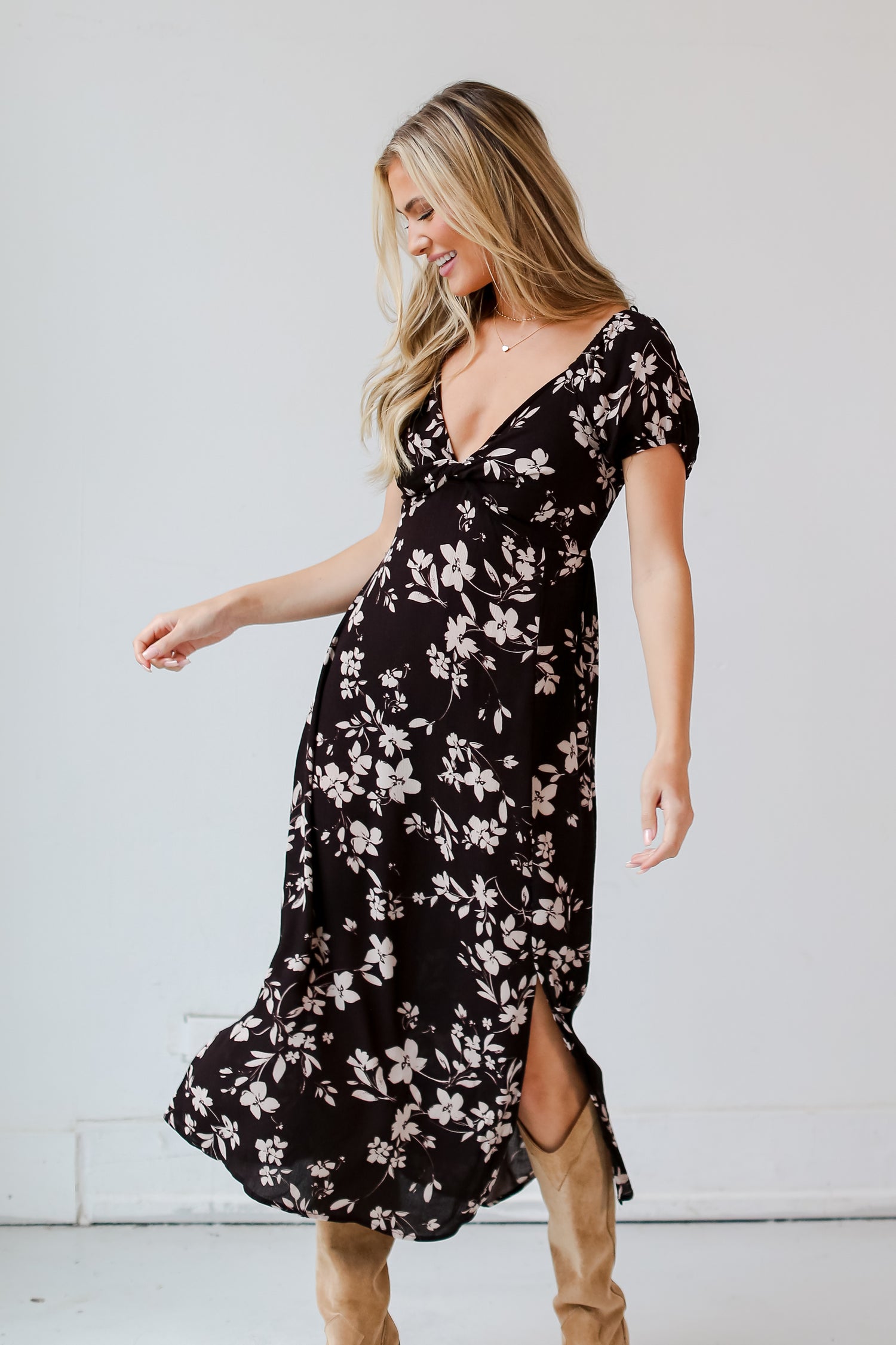 model wearing a Black Floral Midi Dress