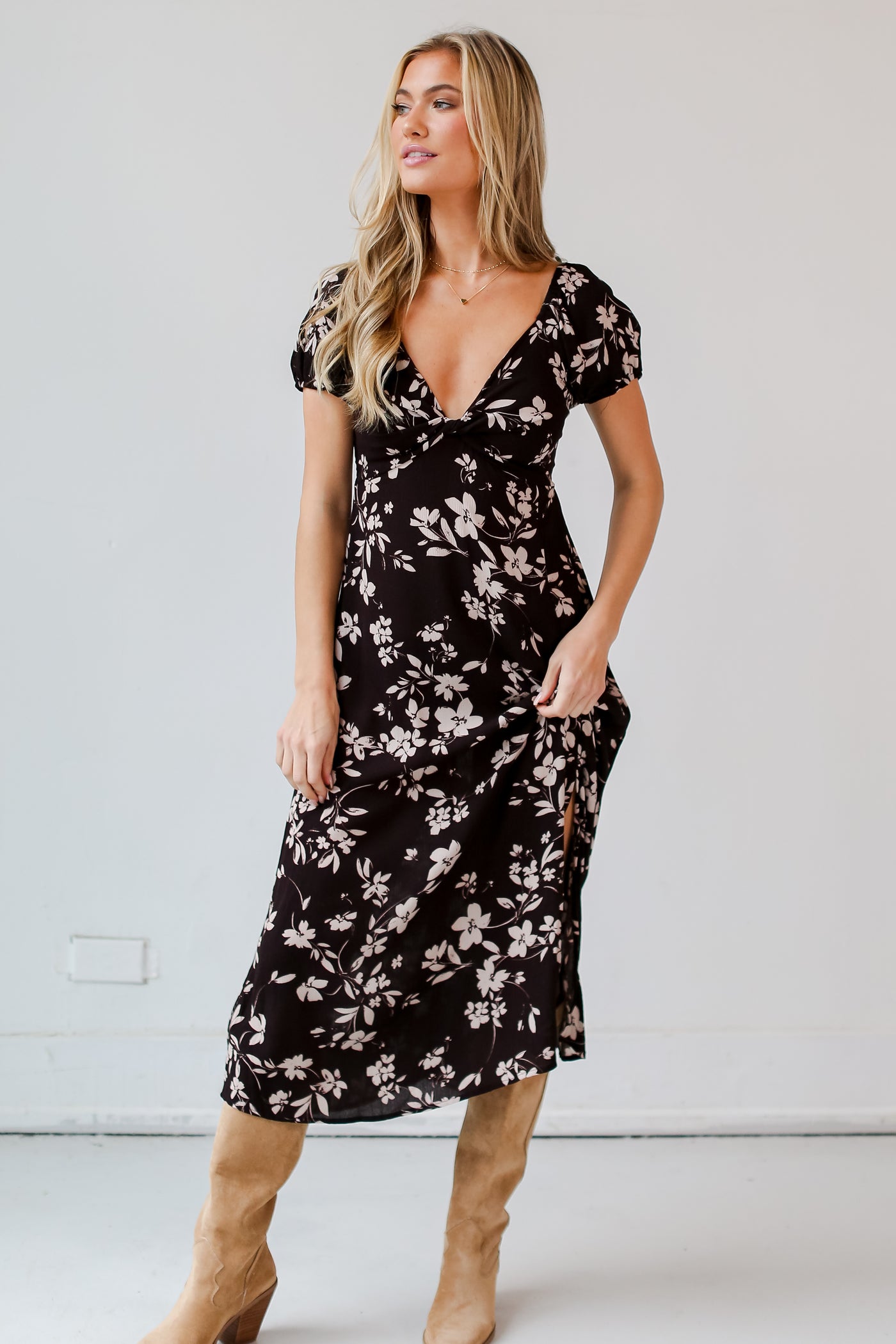 Black Floral Midi Dress on model