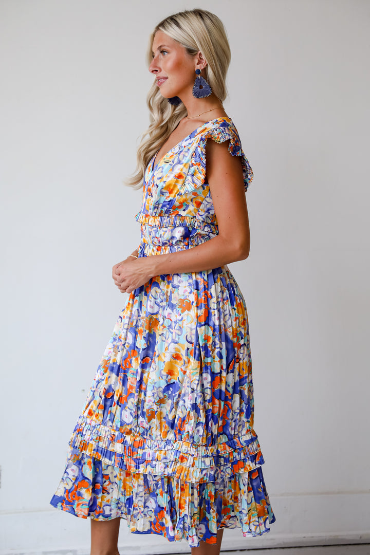 Ethereal Muse Royal Blue Satin Floral Midi Dress