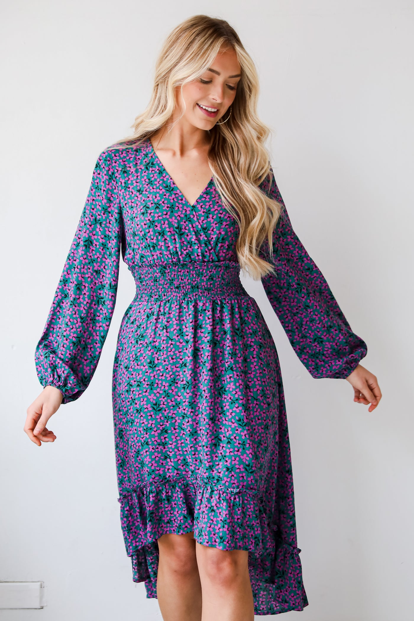 Teal Floral Midi Dress for women