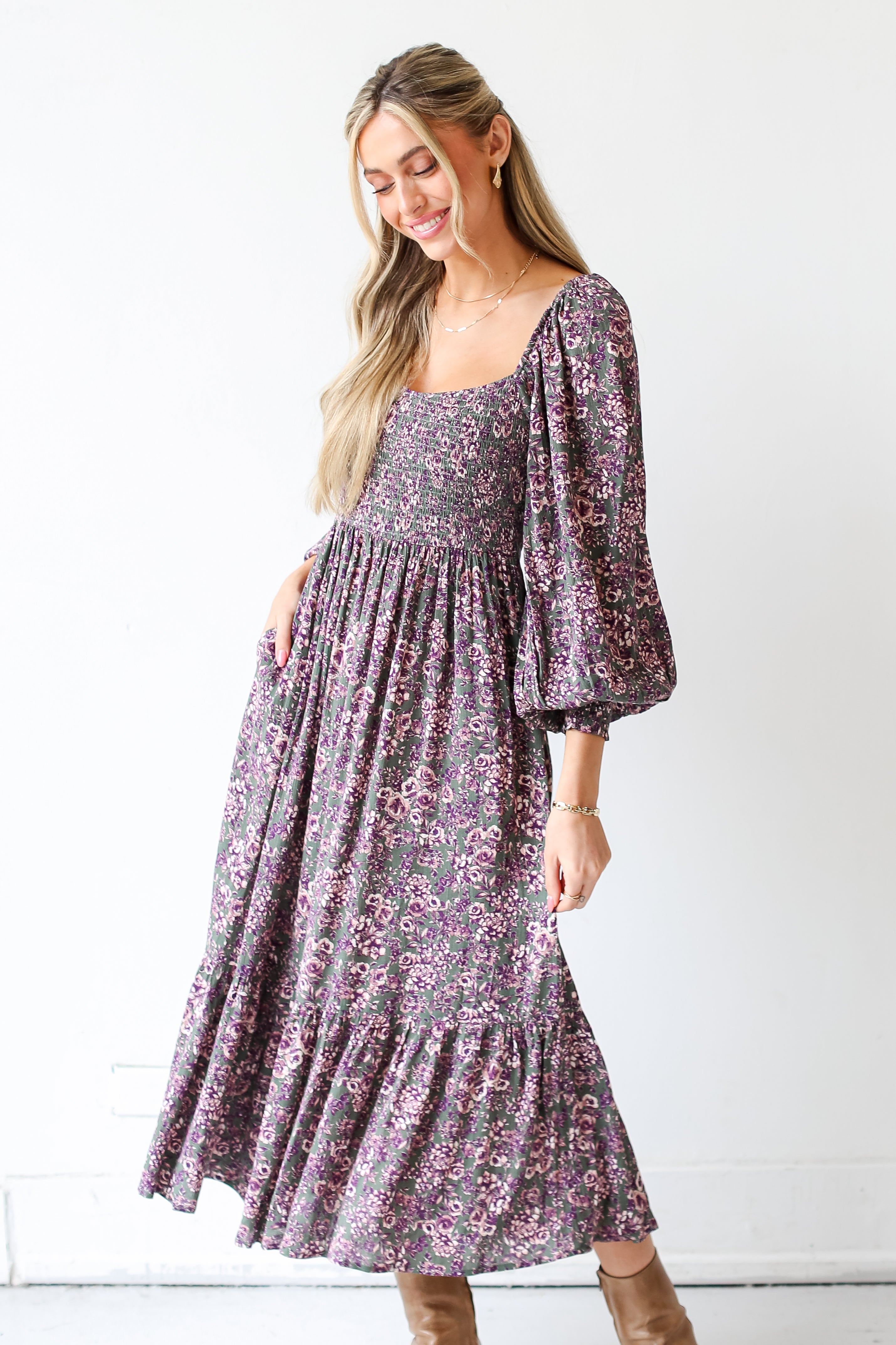 model wearing a Floral Midi Dress