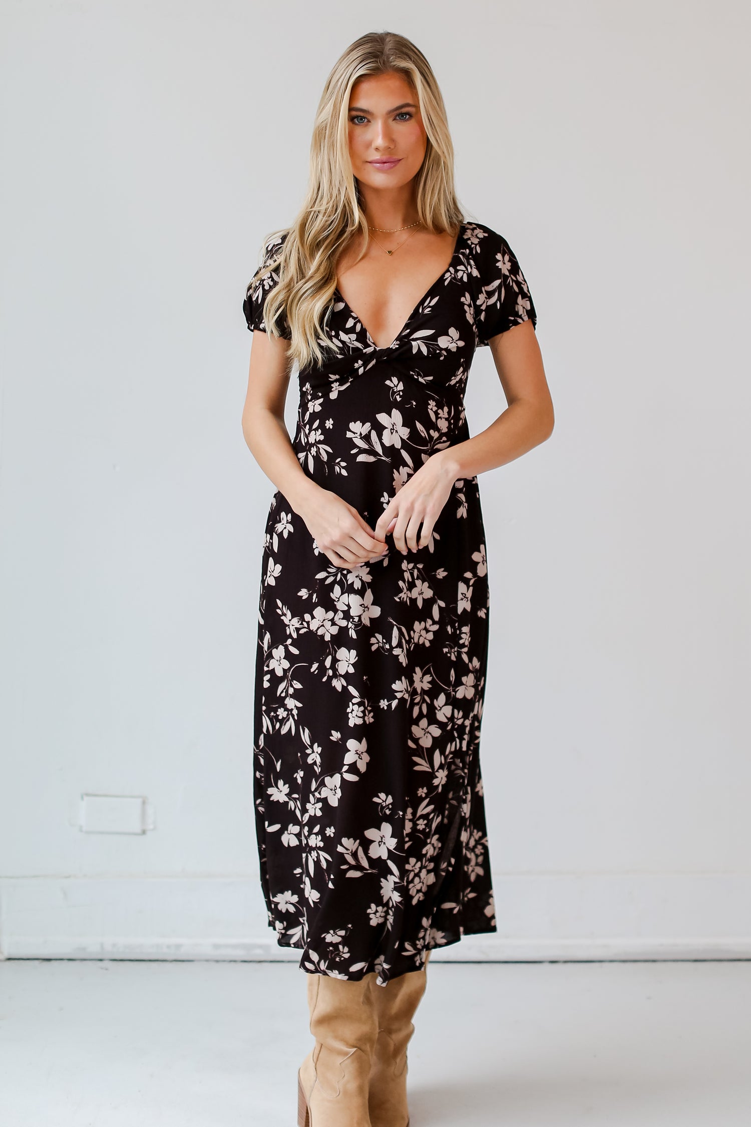 flowy Black Floral Midi Dress