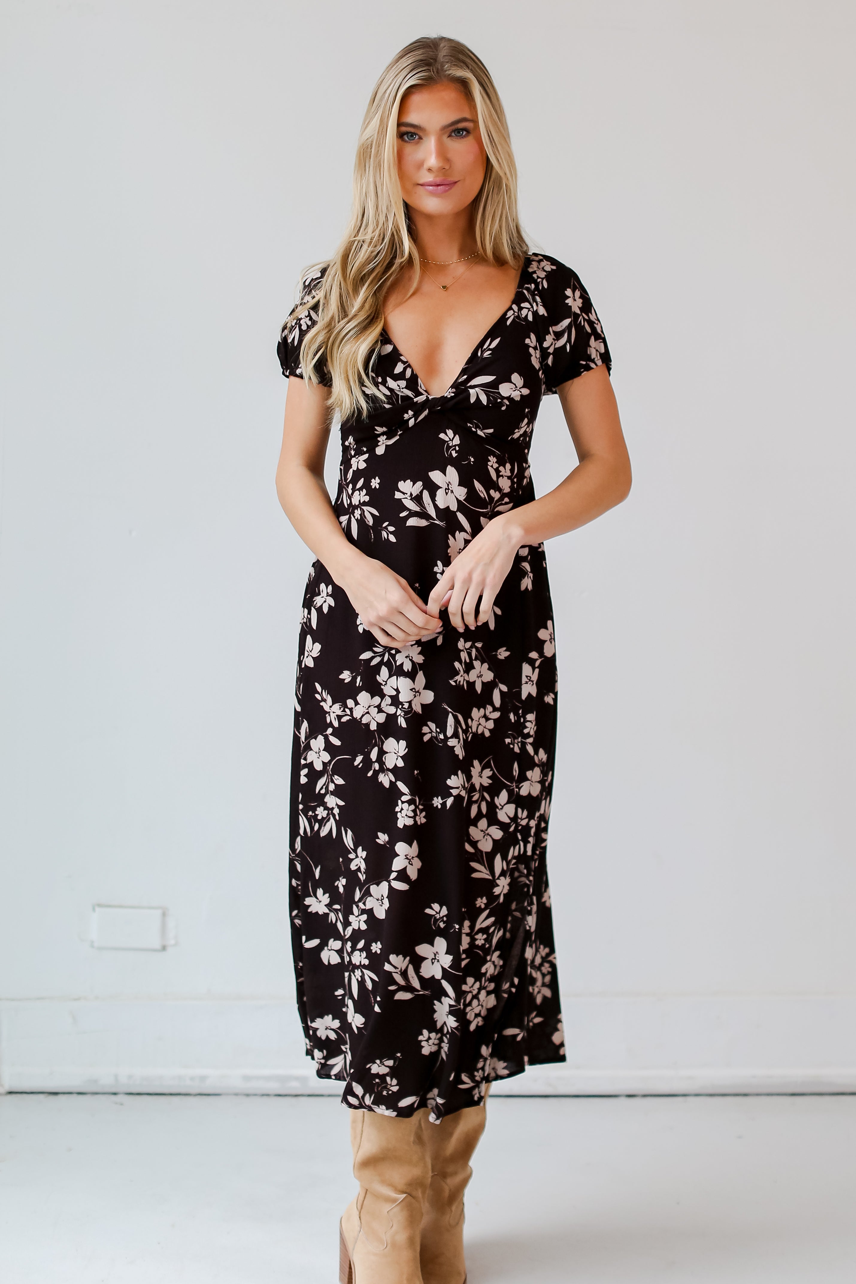flowy Black Floral Midi Dress