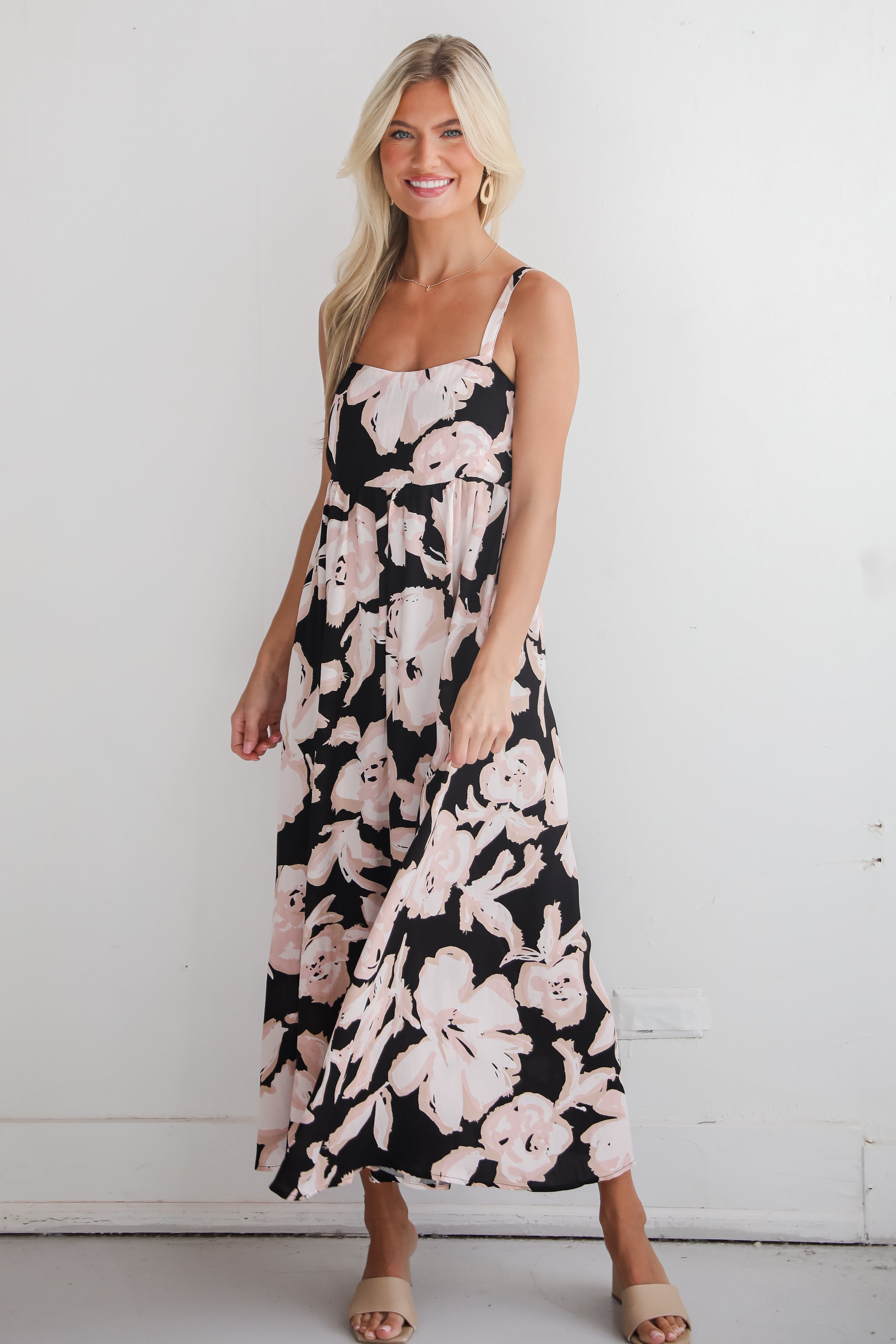 Convincingly Sweet Black Floral Midi Dress