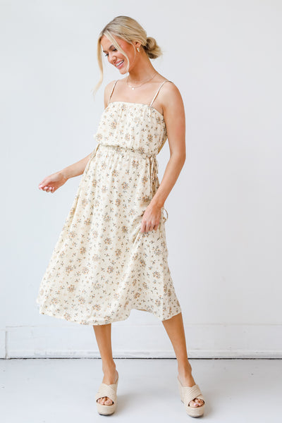 cream Floral Midi Dress in model