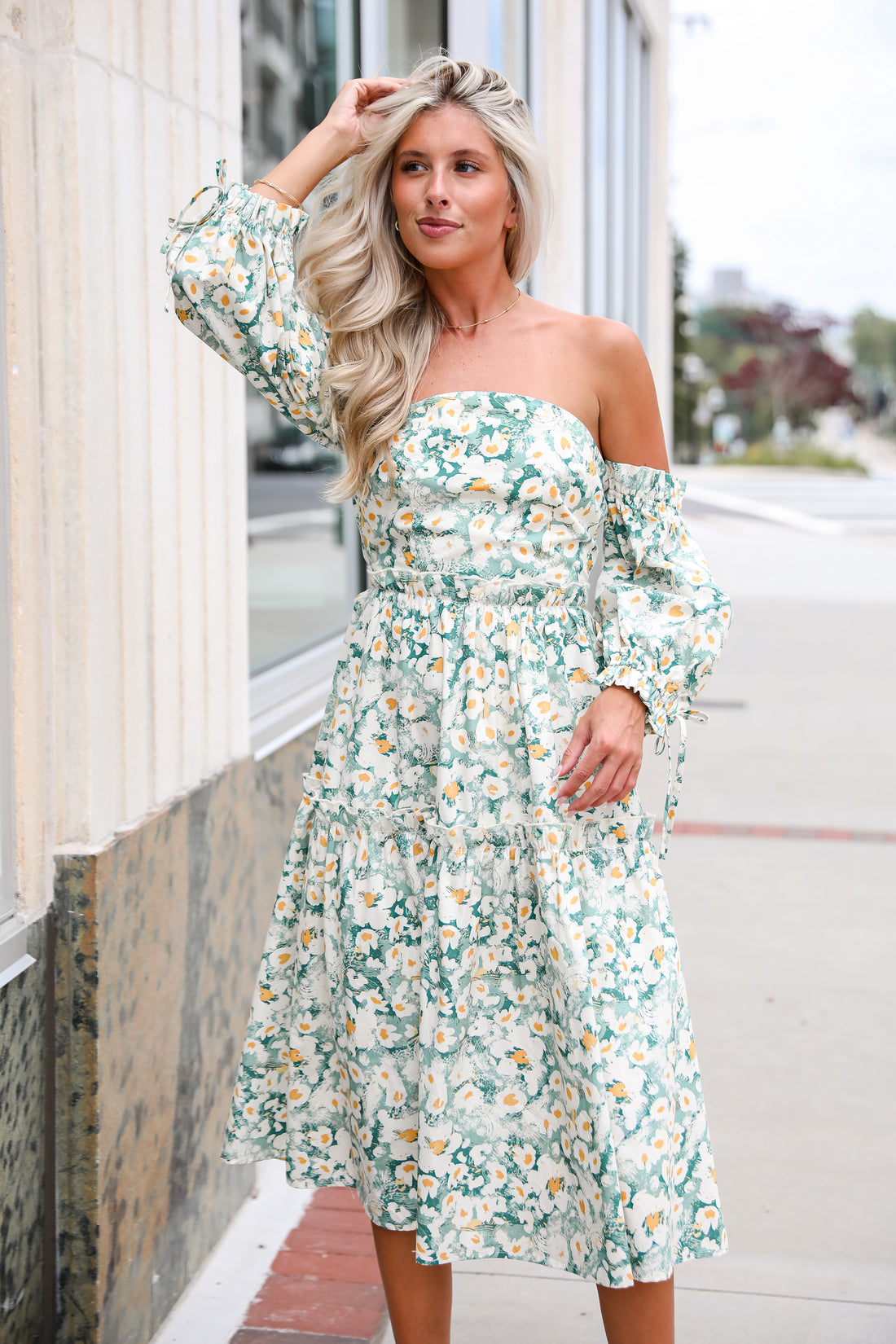 Delightful Aspect Sage Floral Off-The-Shoulder Midi Dress