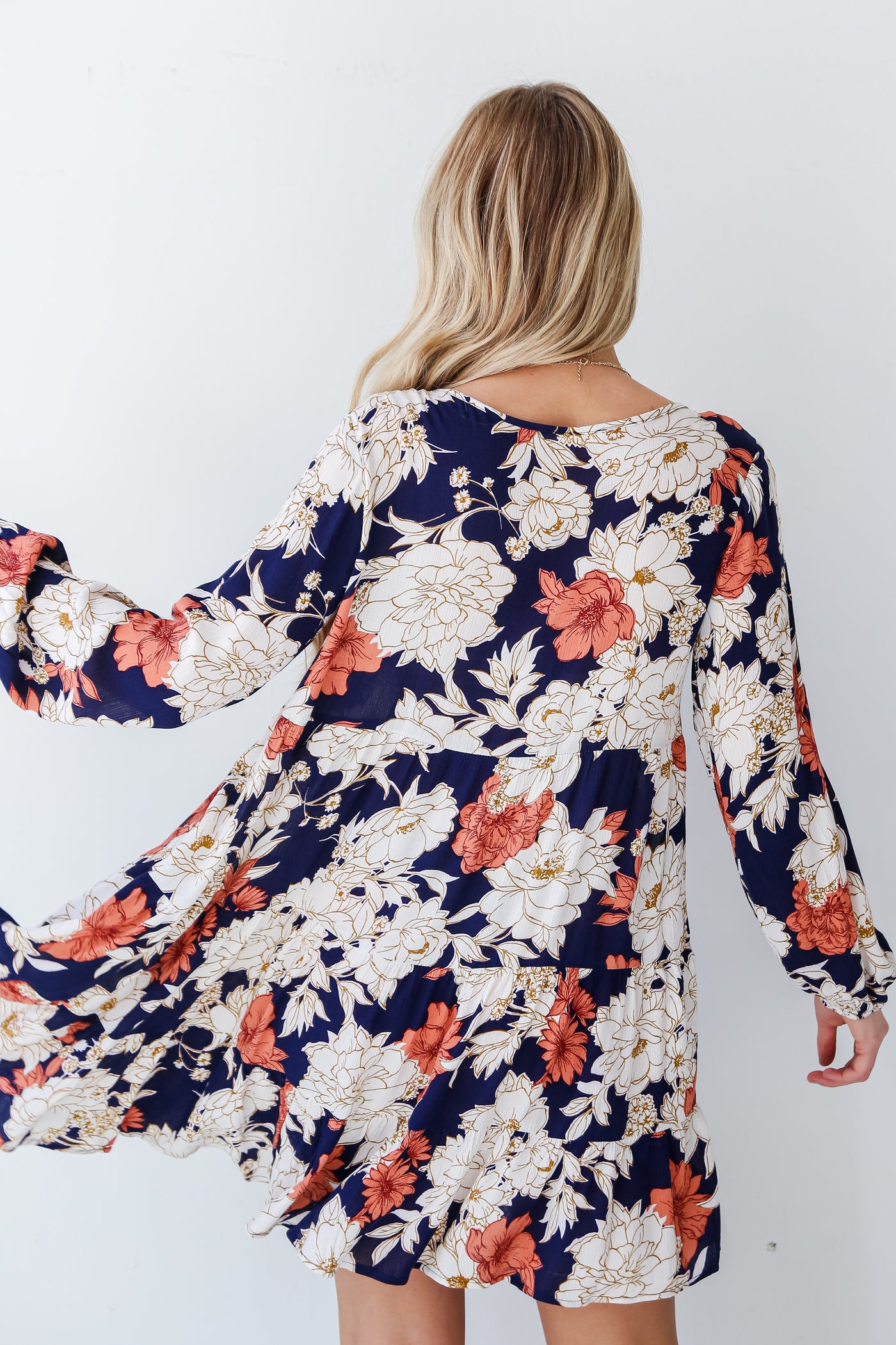 Navy Floral Tiered Mini Dress back view