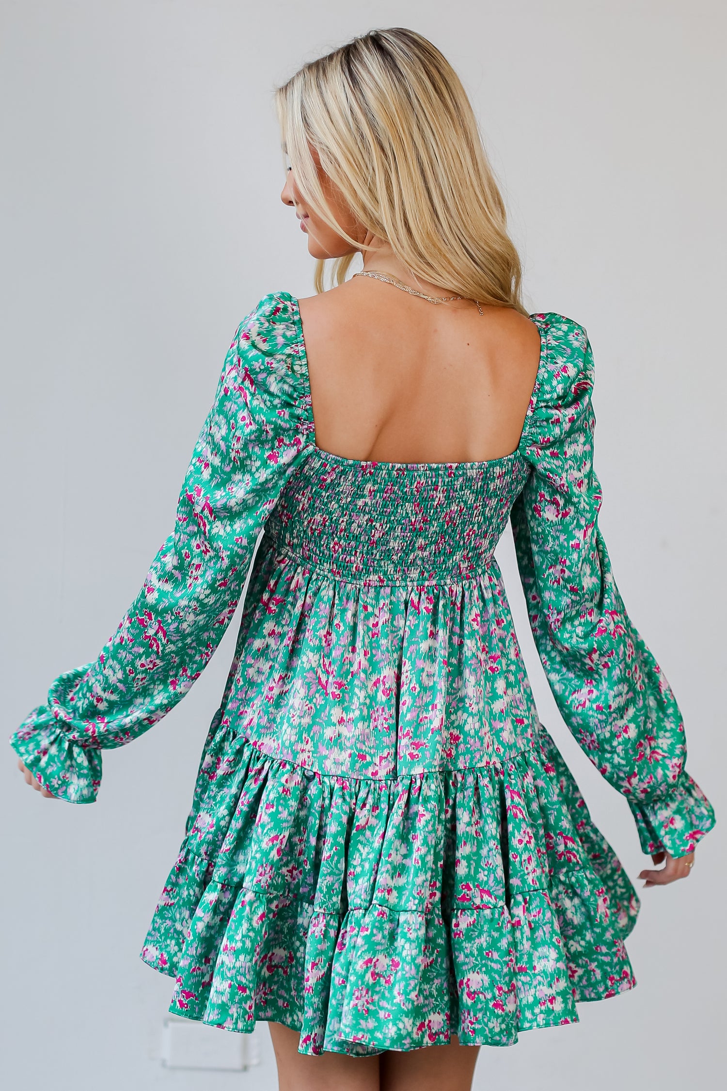 green Tiered Mini Dress back view