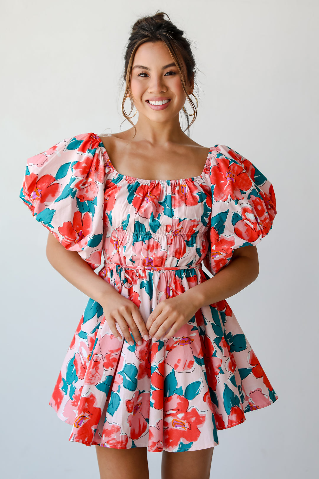 red Floral Puff Sleeve Mini Dress