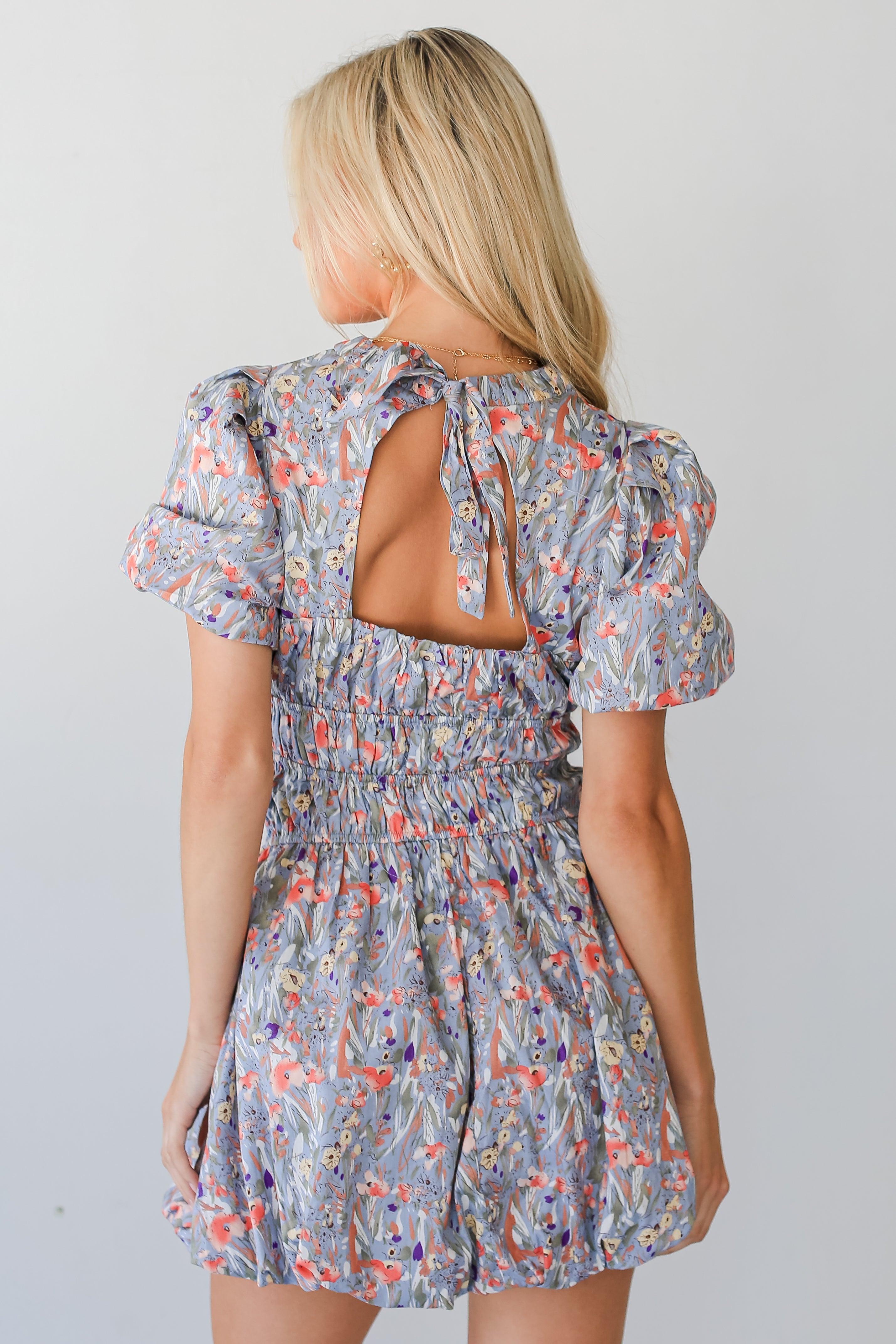 blue Floral Bubble Mini Dress back view 