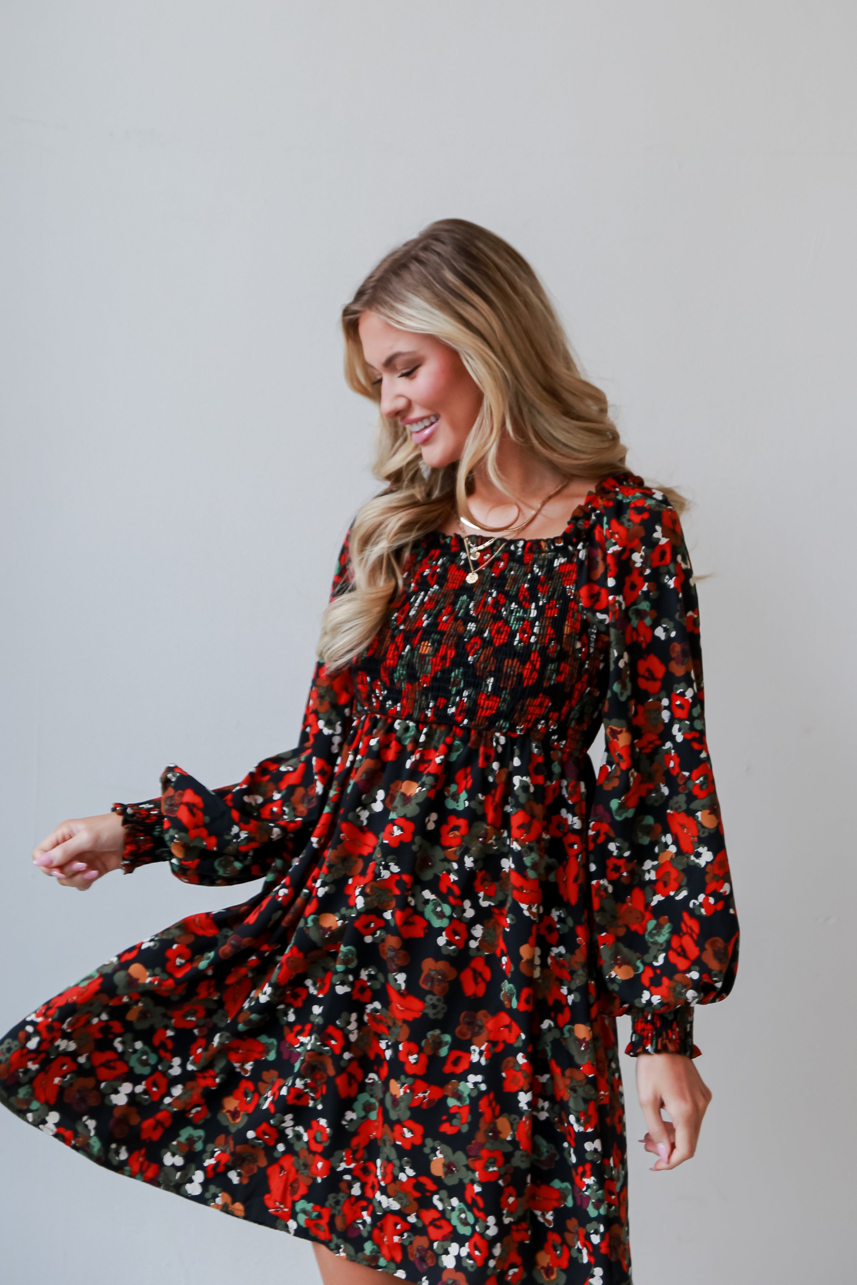 smocked Black Floral Mini Dress