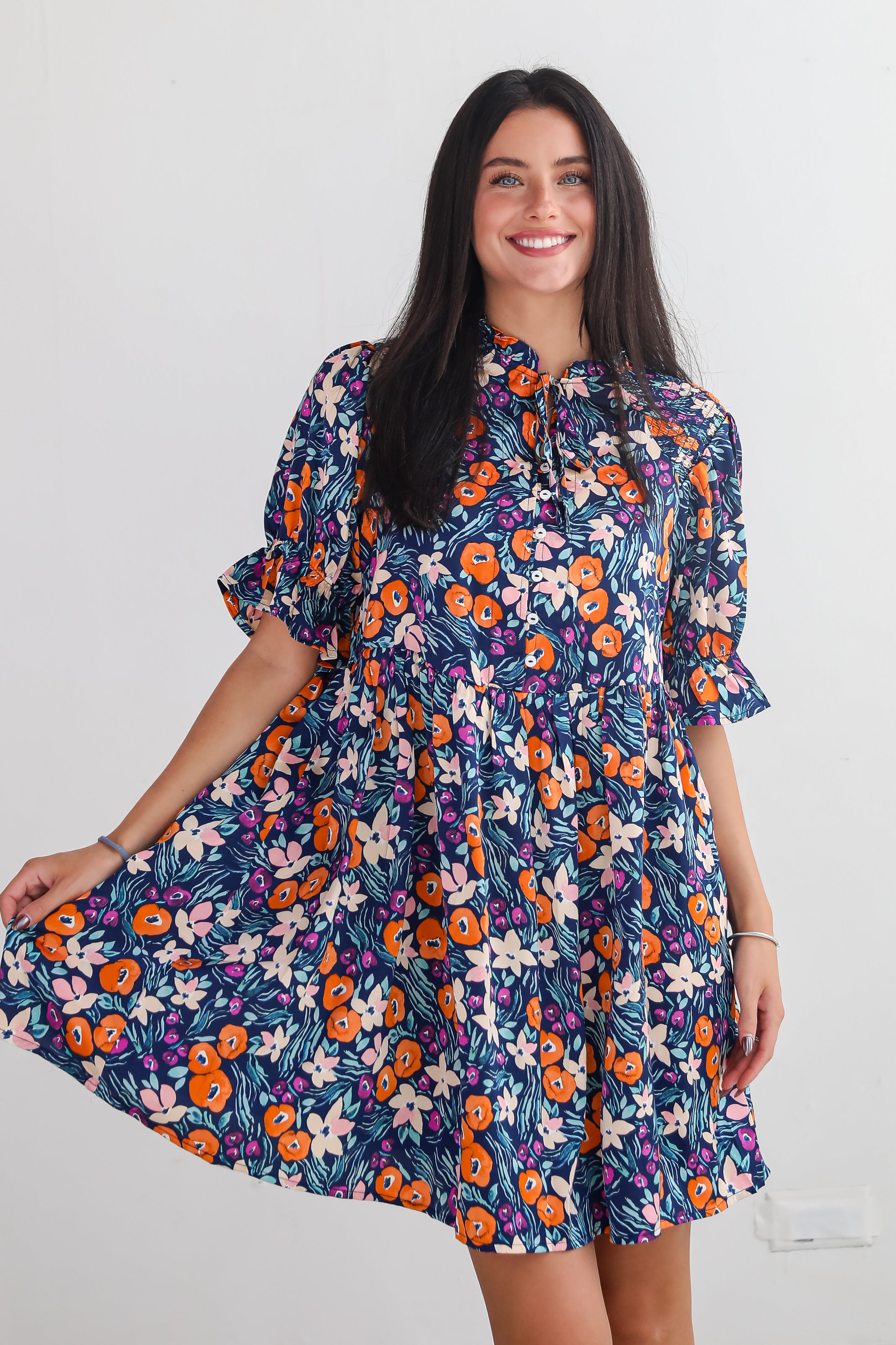 Adored Mood Navy Floral Babydoll Mini Dress