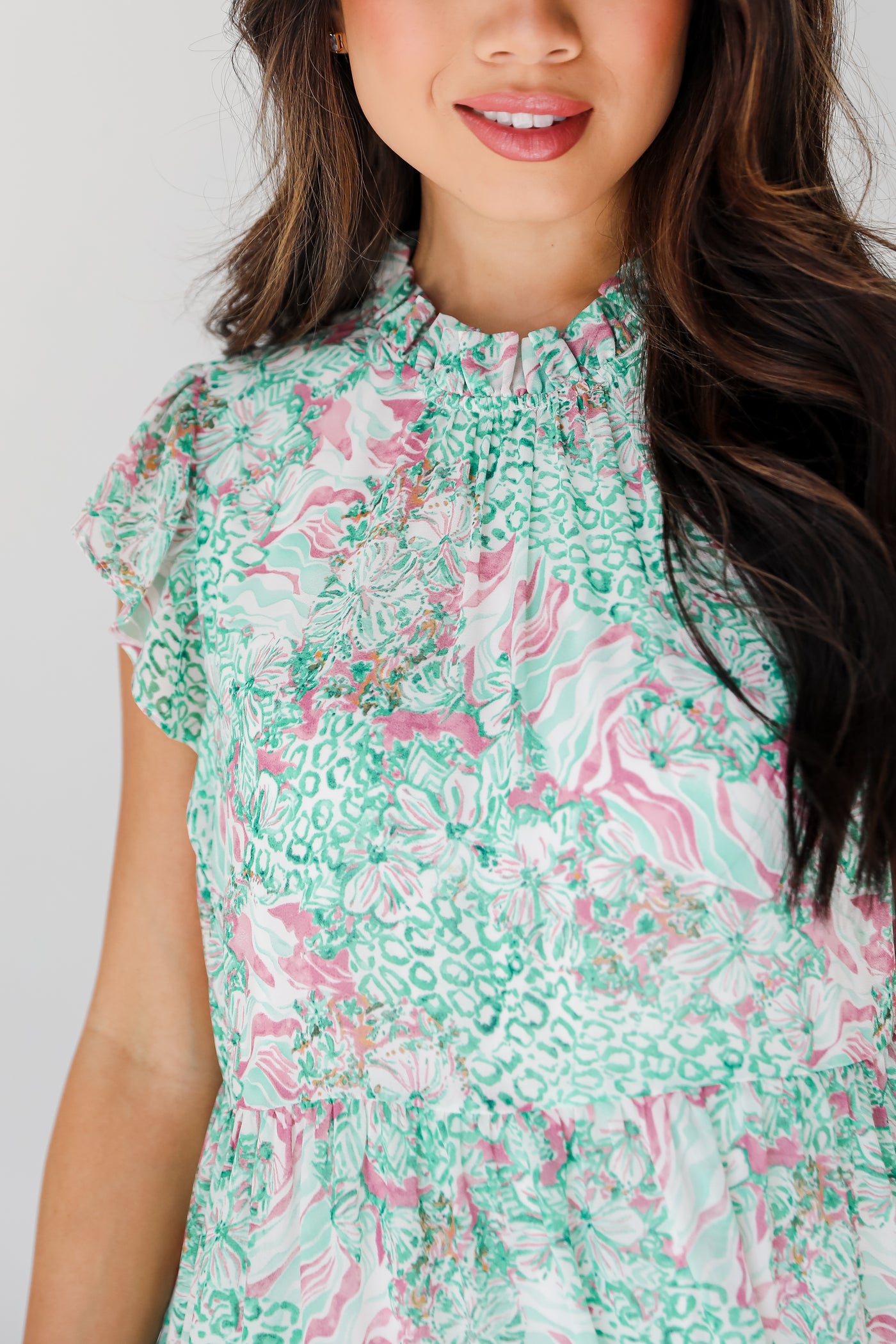 green Floral Tiered Mini Dress close up
