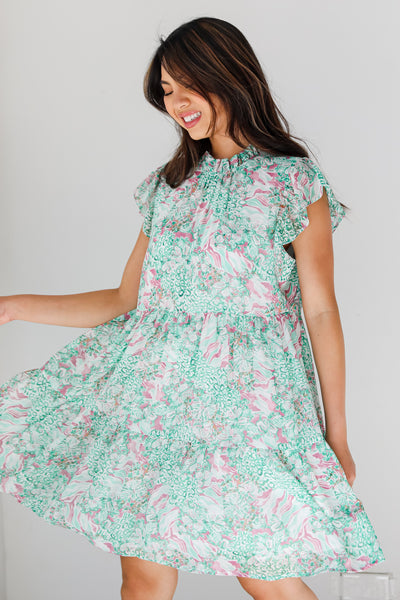 green Floral Tiered Mini Dress side view