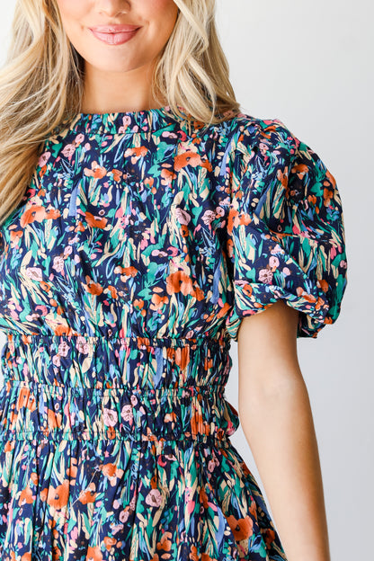 navy Floral Bubble Mini Dress close up
