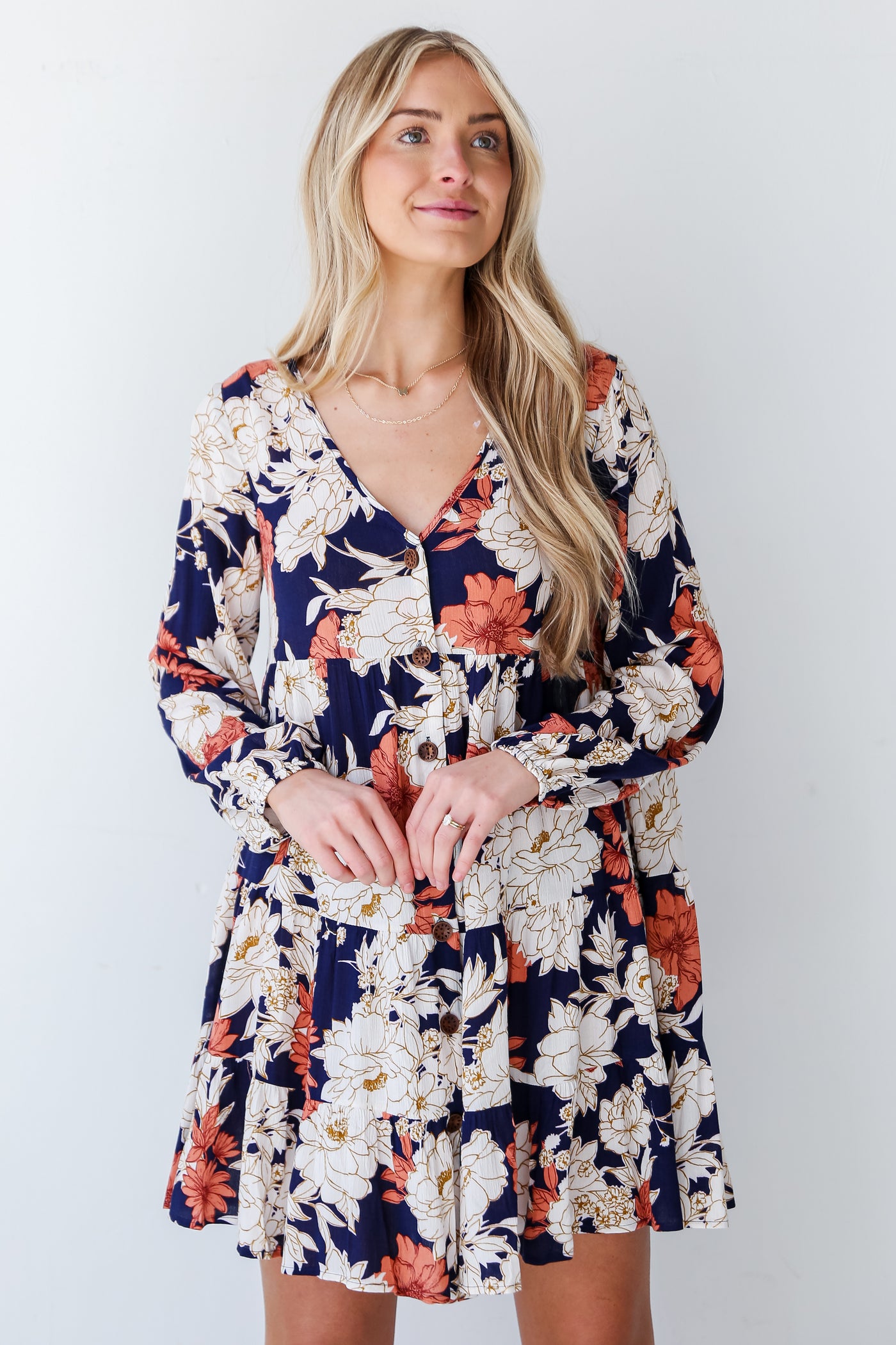 Navy Floral Tiered Mini Dress on model
