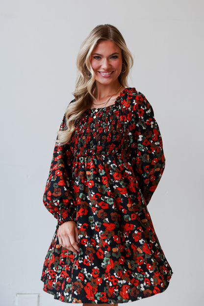 long sleeve Black Floral Mini Dress