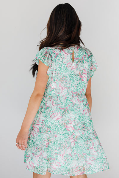 green Floral Tiered Mini Dress back view