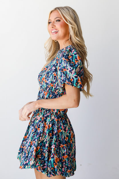 navy Floral Bubble Mini Dress side view