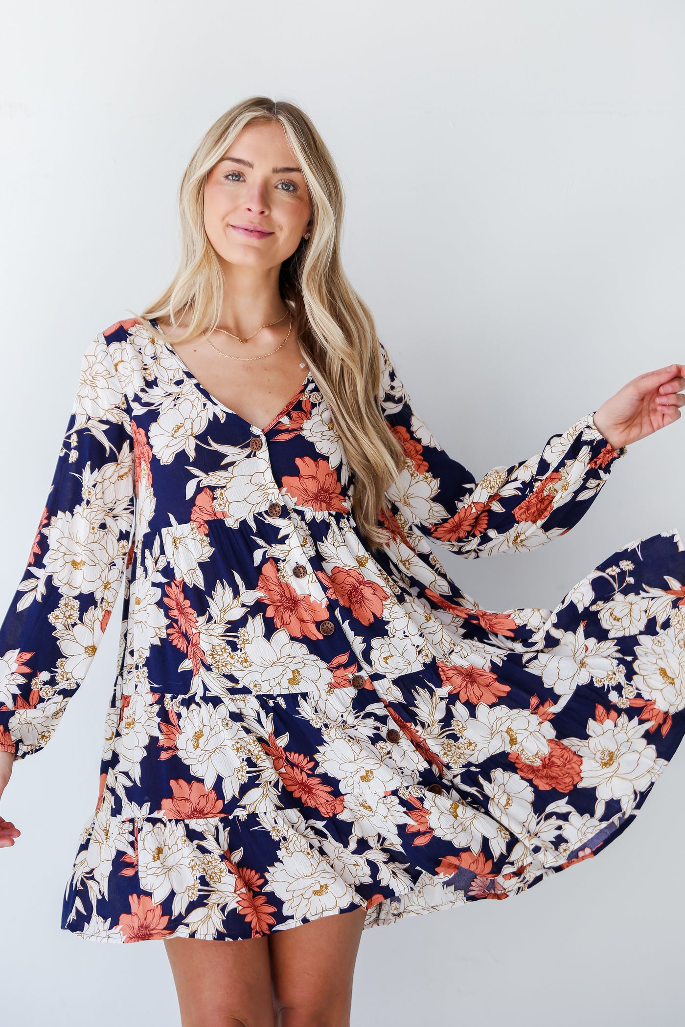 Navy Floral Tiered Mini Dress for women