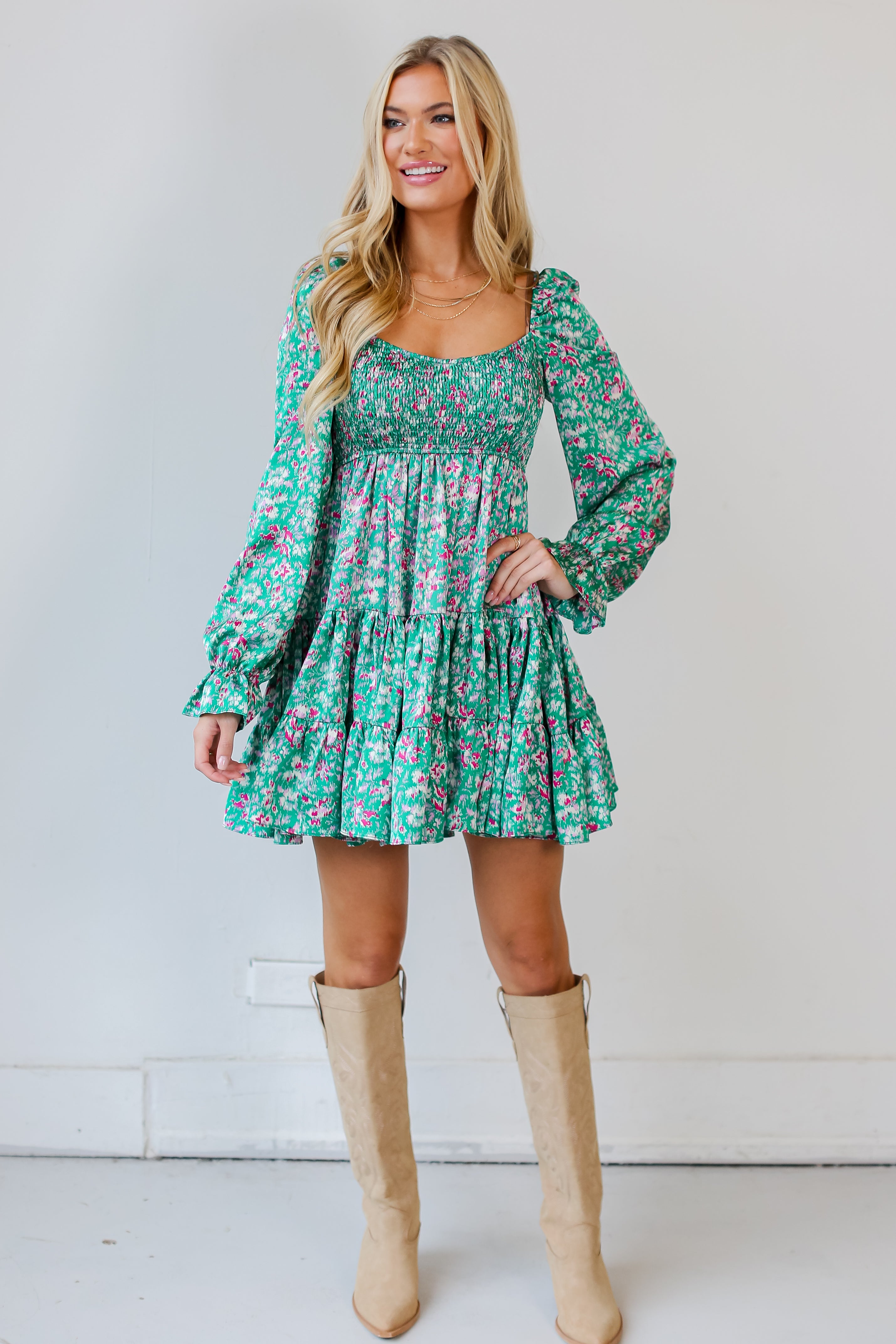 green Tiered Mini Dress front view on model