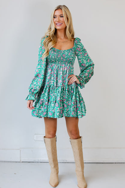 green Tiered Mini Dress front view on model