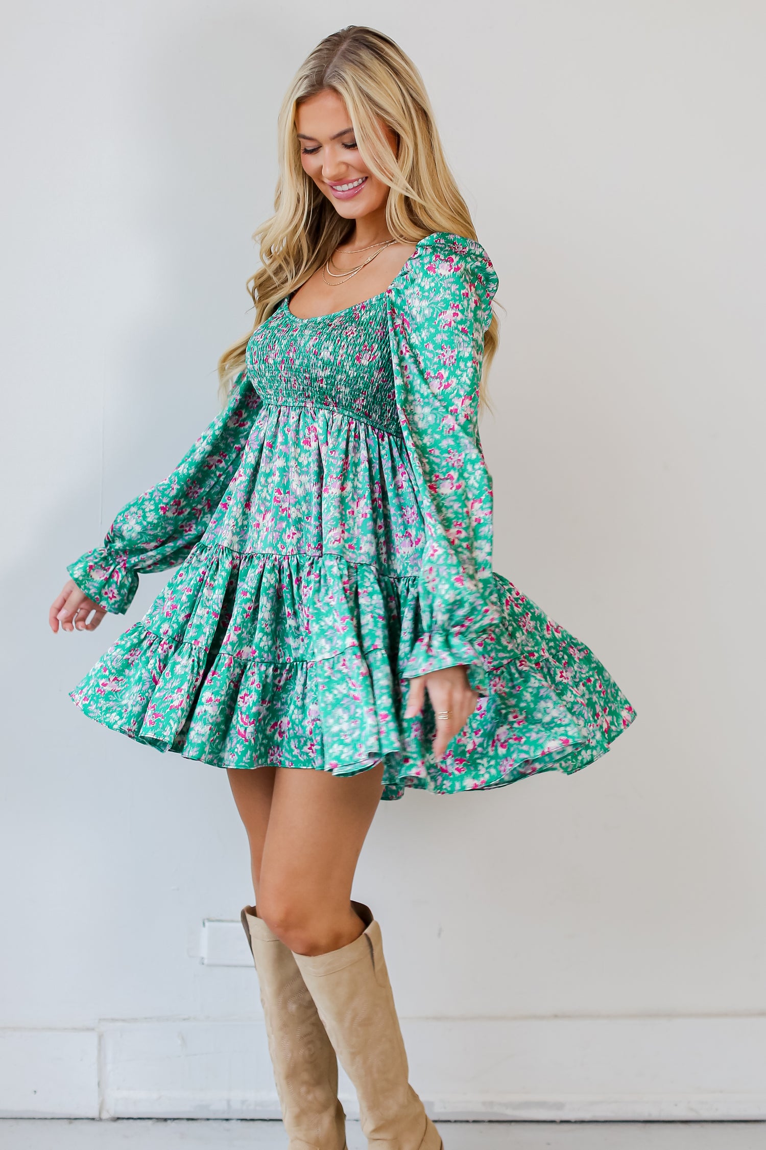 cute green Tiered Mini Dress for fall