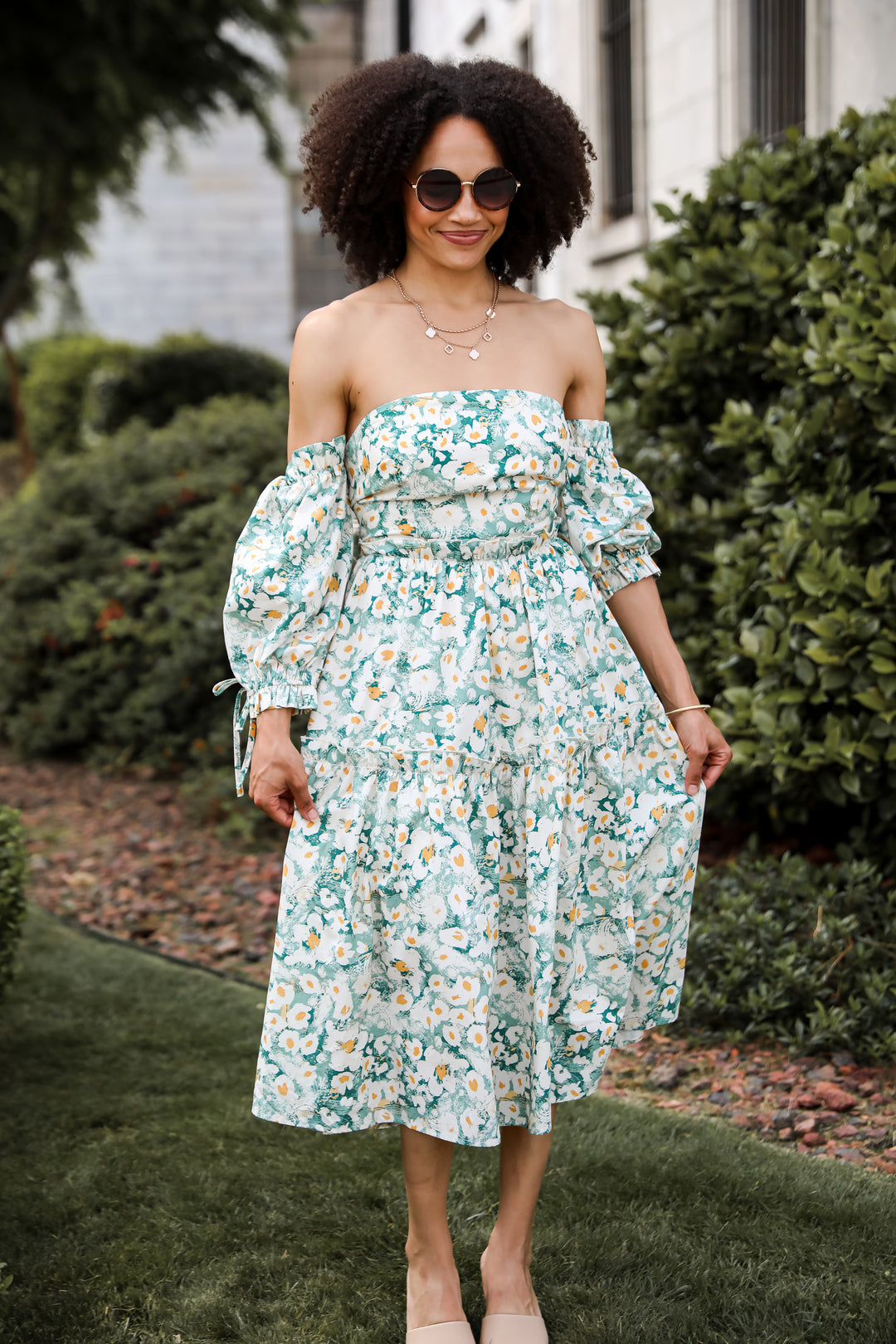 Sage Floral Off-The-Shoulder Midi Dress