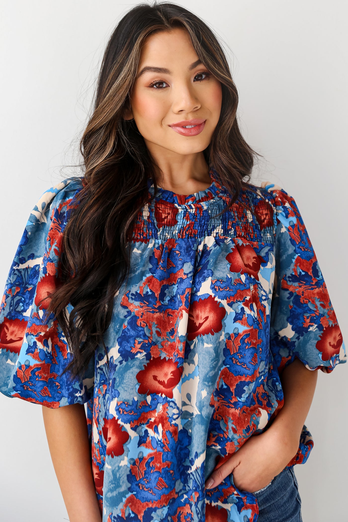 chic blue Puff Sleeve Blouse