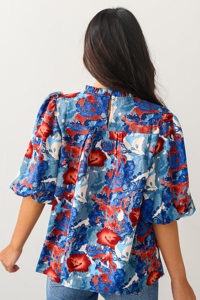 blue Puff Sleeve Blouse back view