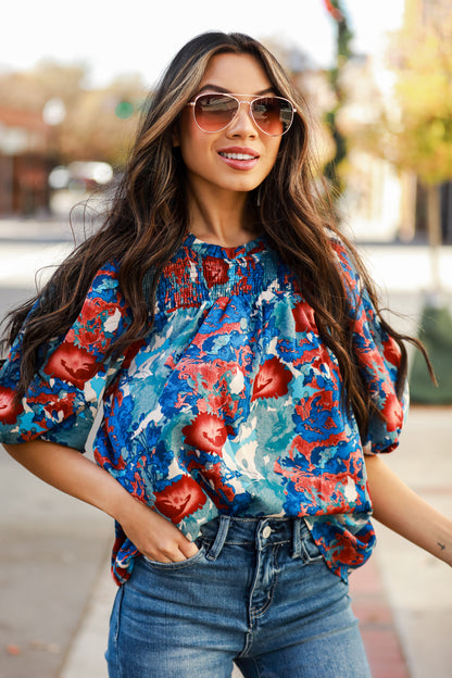 blue Puff Sleeve Blouse