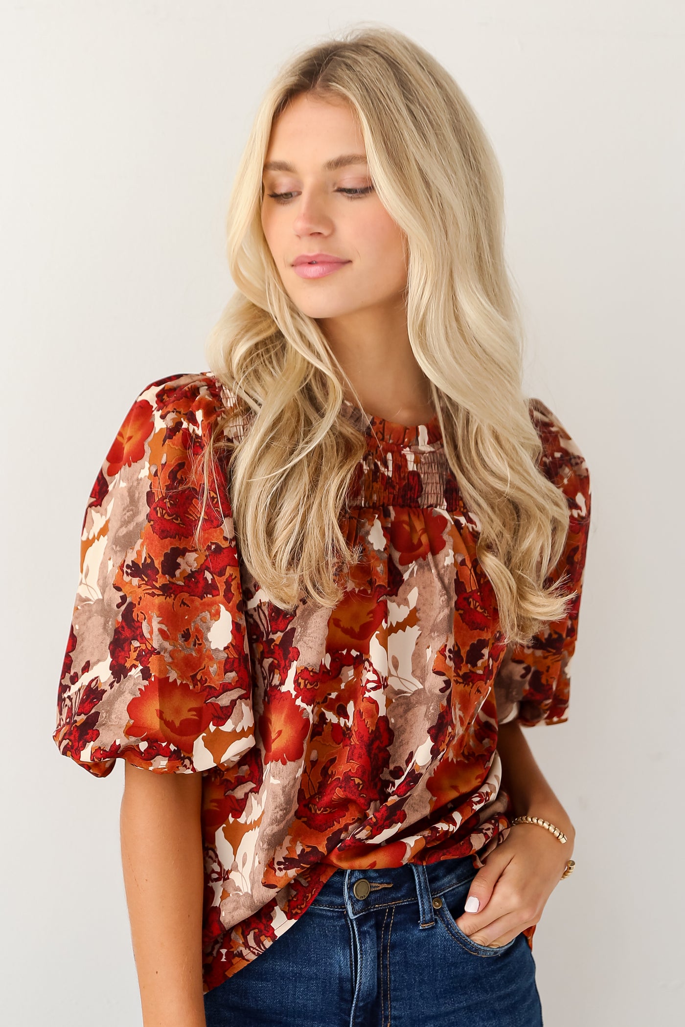 rust Puff Sleeve Blouse front view