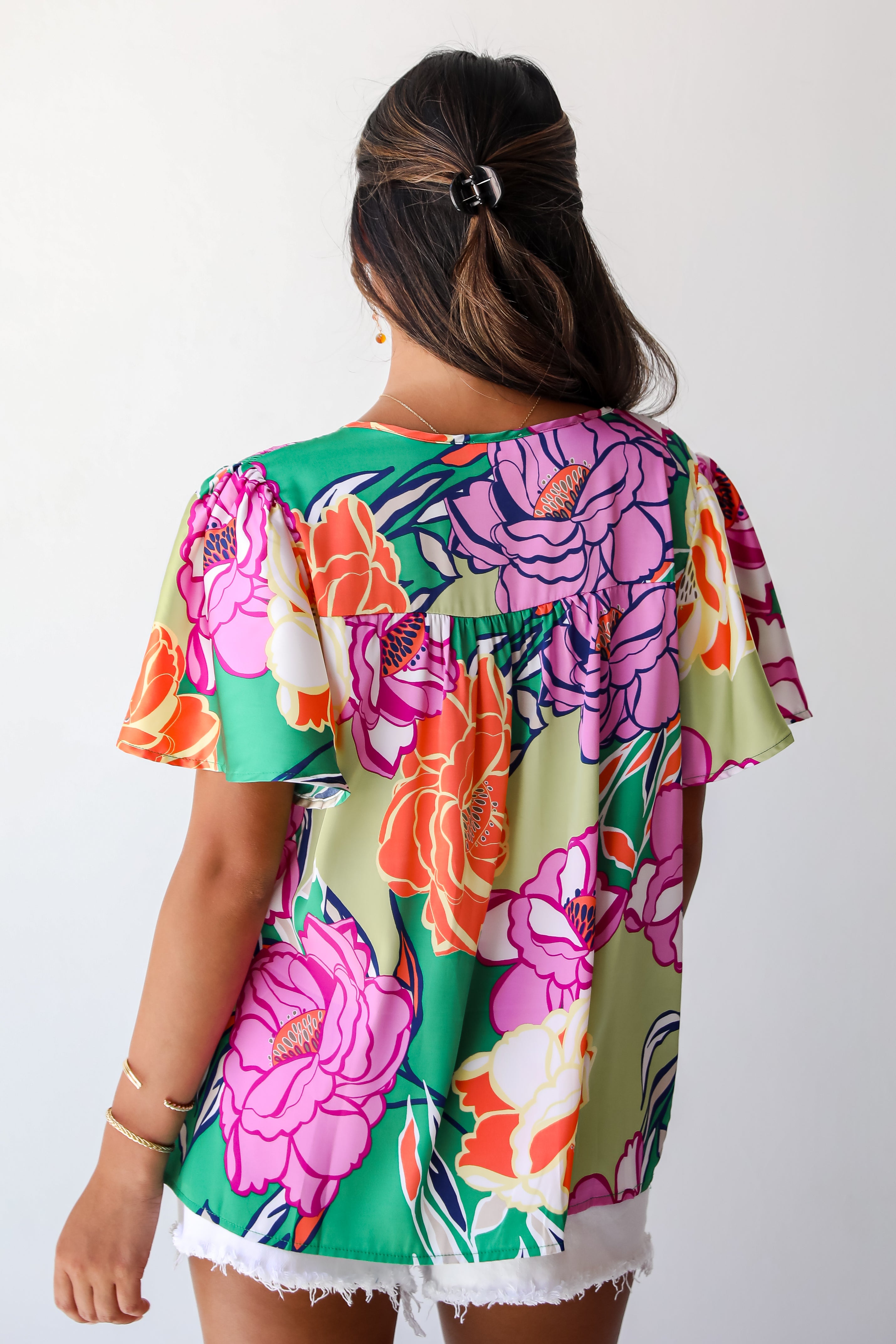 Treasured Vibe Green Satin Floral Blouse