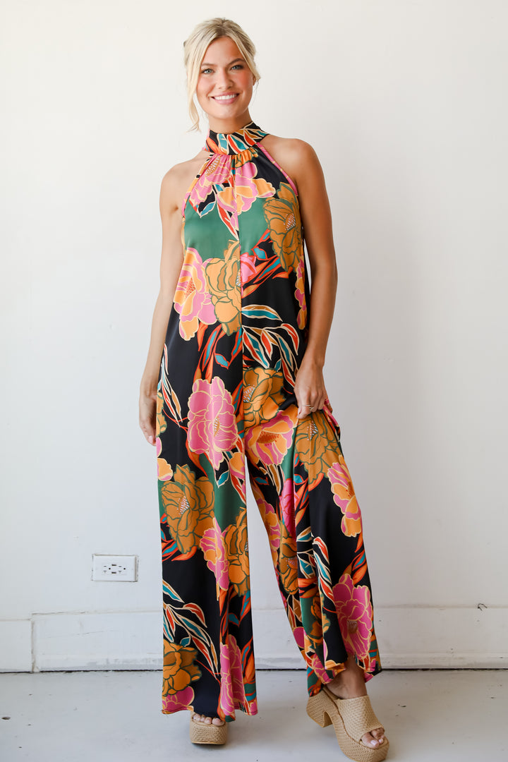 State Of Chic Black Satin Floral Jumpsuit