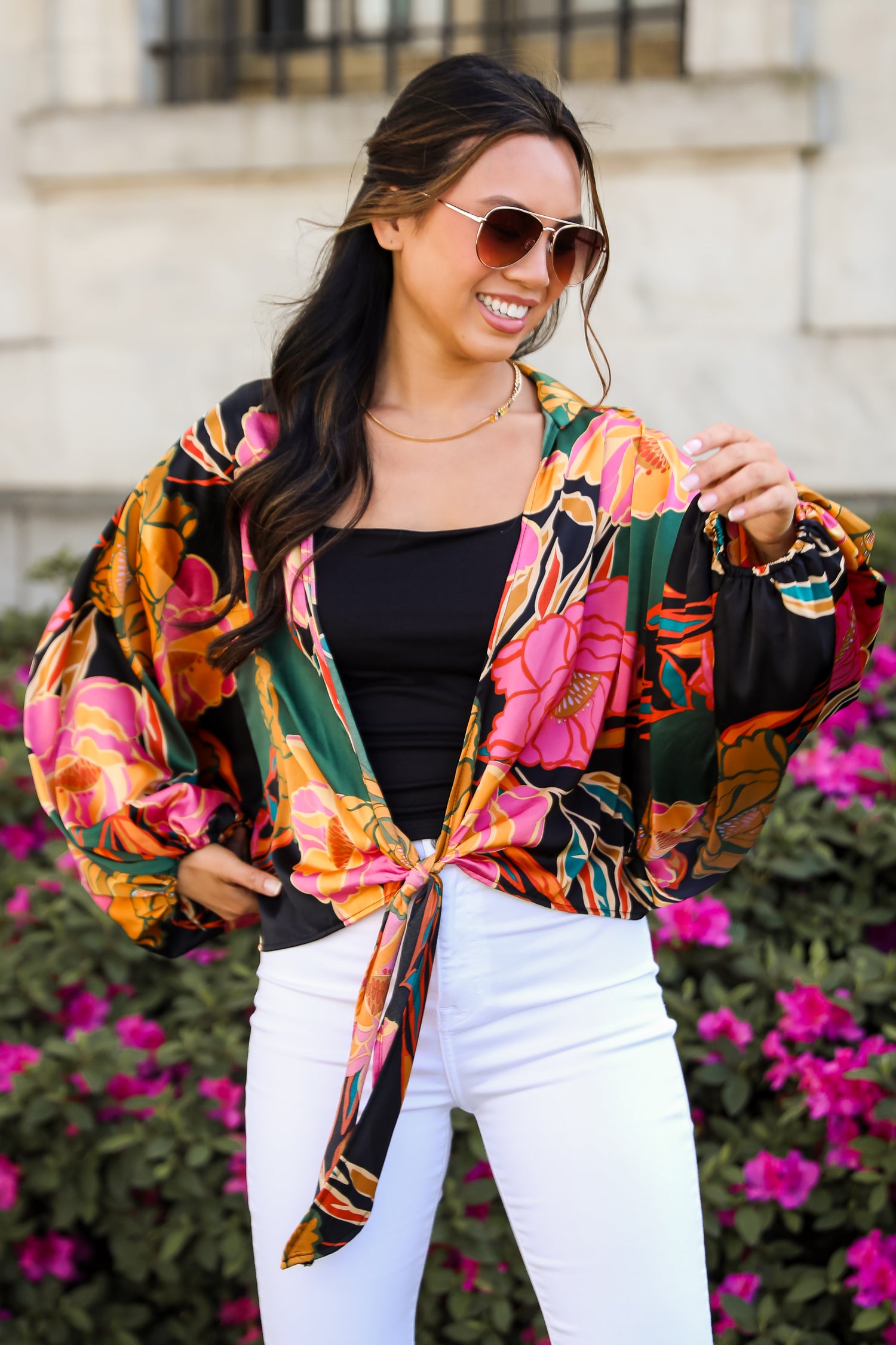 State Of Chic Black Satin Floral Tie-Front Blouse