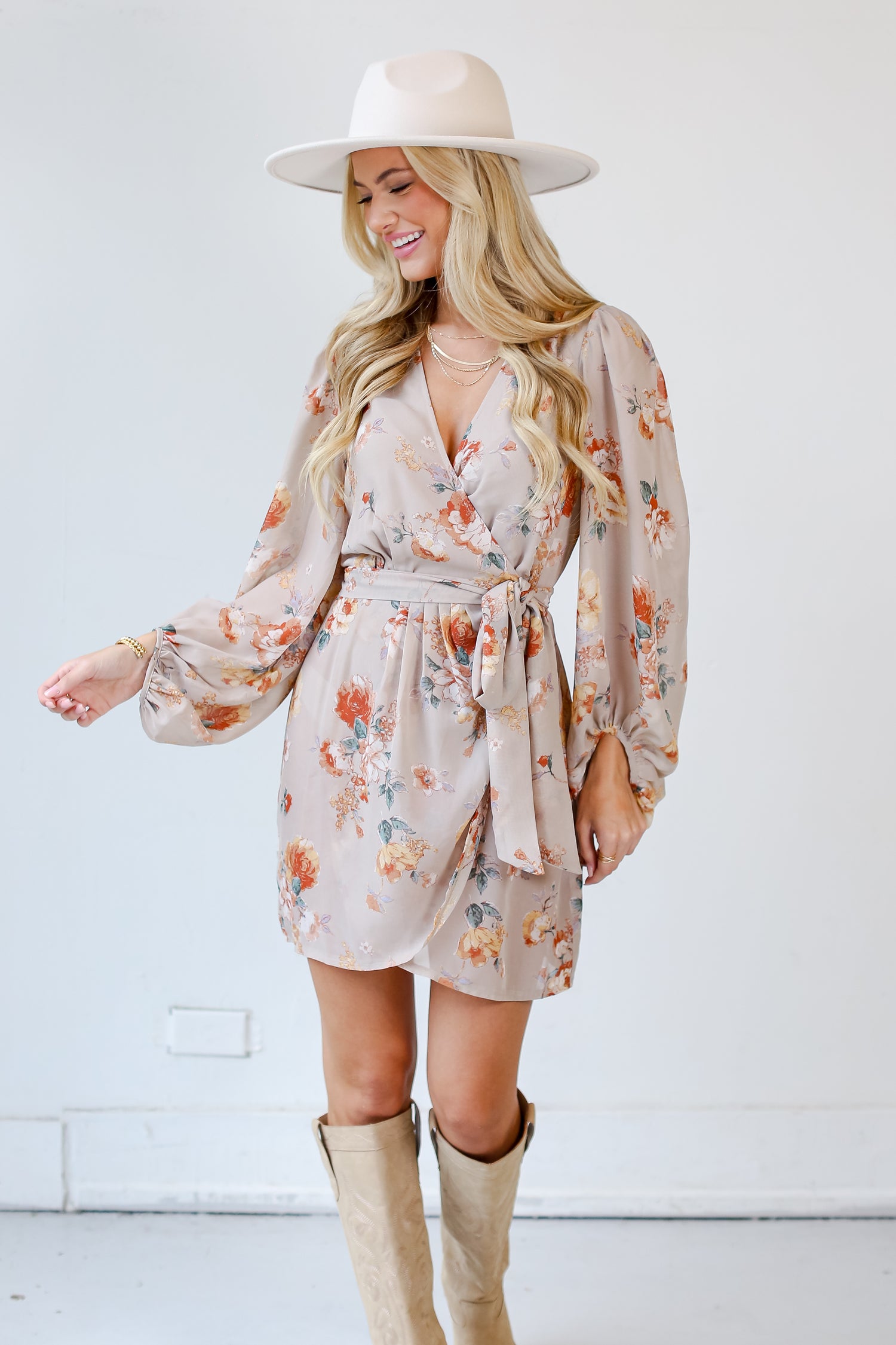 taupe Floral Wrap Mini Dress on model