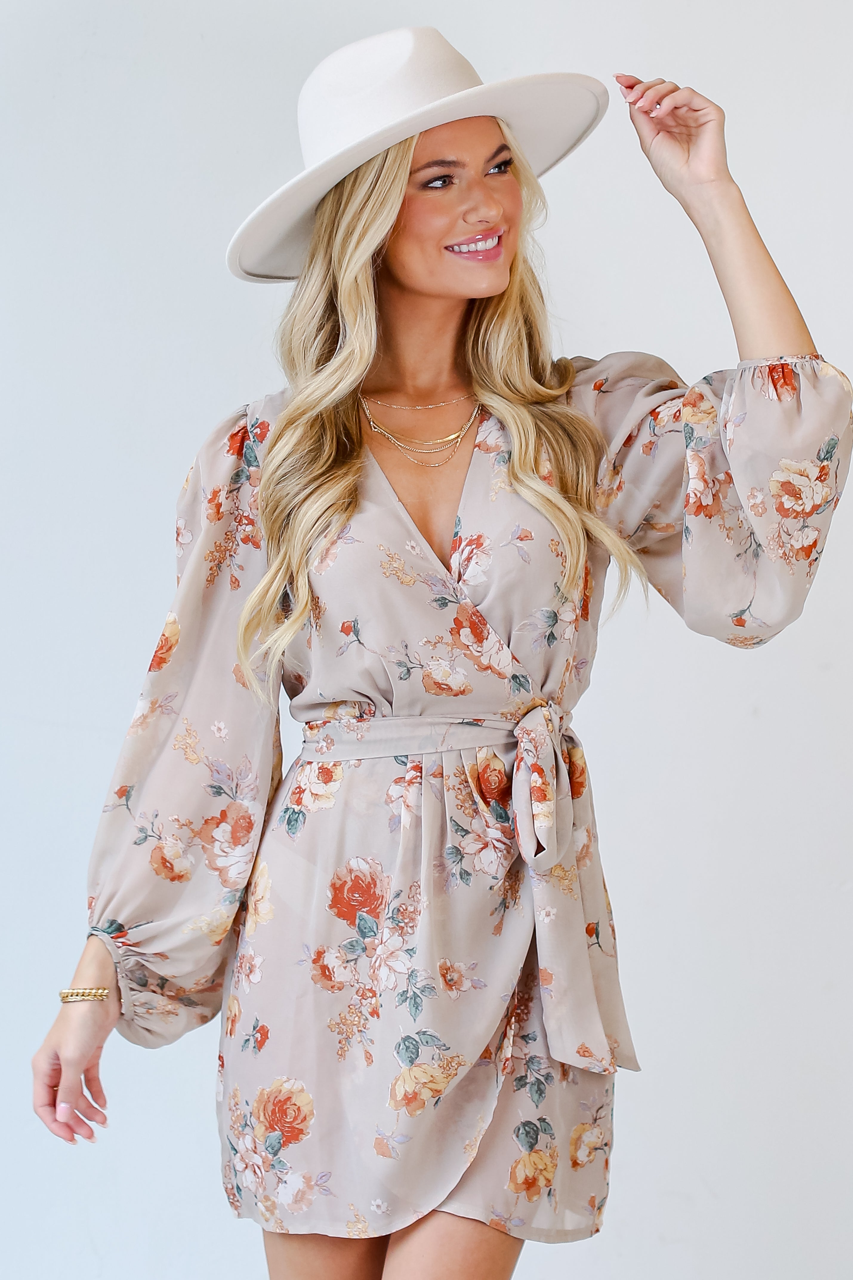 taupe Floral Wrap Mini Dress